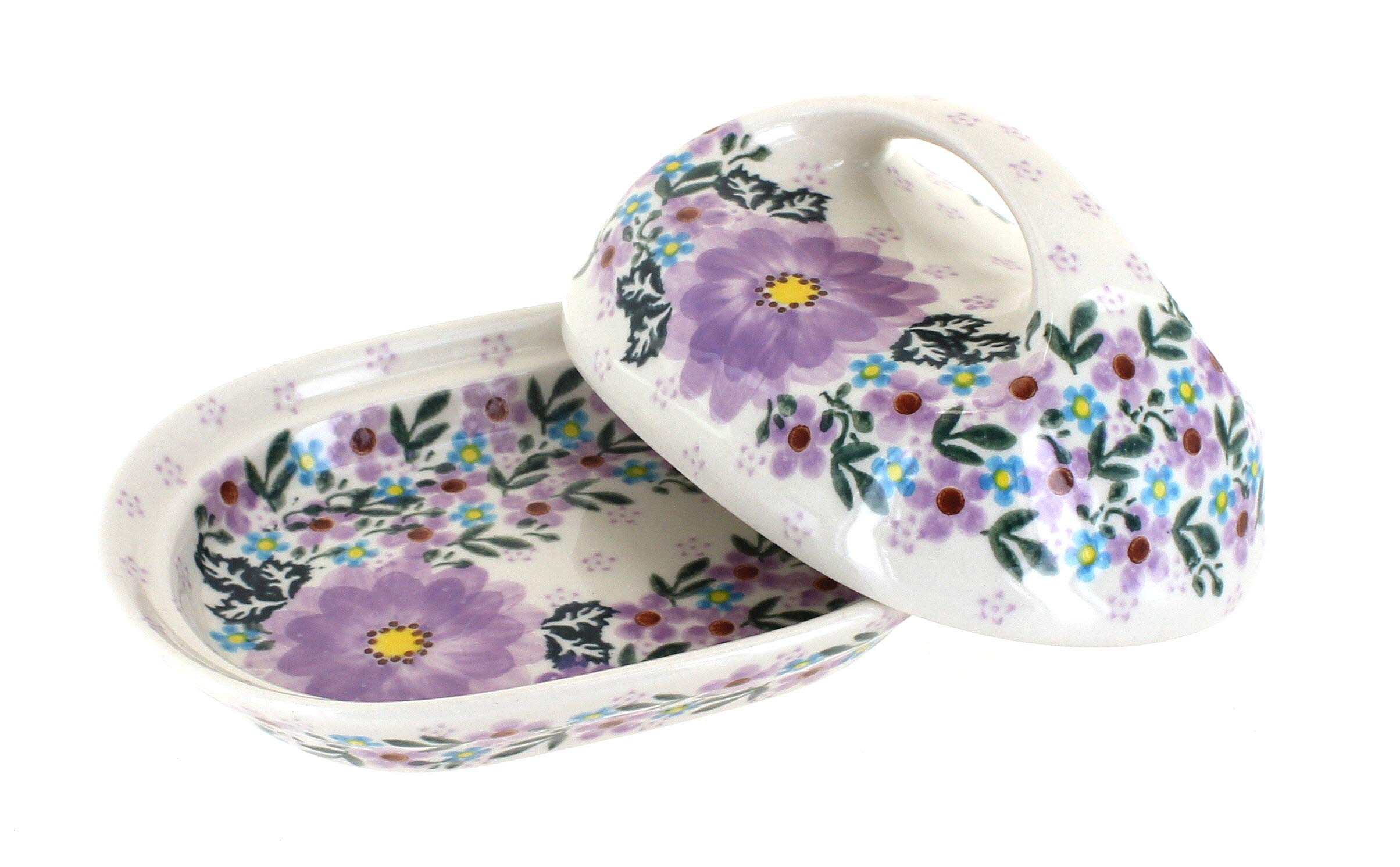 Blue Rose Polish Pottery Lilac Garden Butter Dish - Handmade Ceramic Butter Keeper with Lid for Kitchen, Dining Table & Gift Giving - Perfect for Breakfast, Brunch & Tea Parties