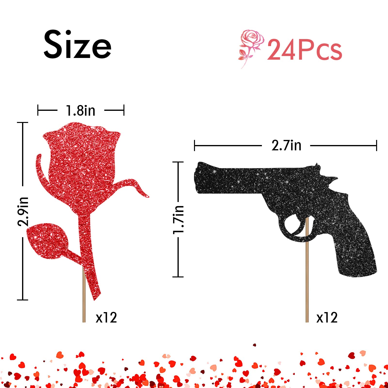 24PCS Guns or Roses Cupcake Toppers - Black & Red Glitter for Baby Showers & Gender Reveal Parties