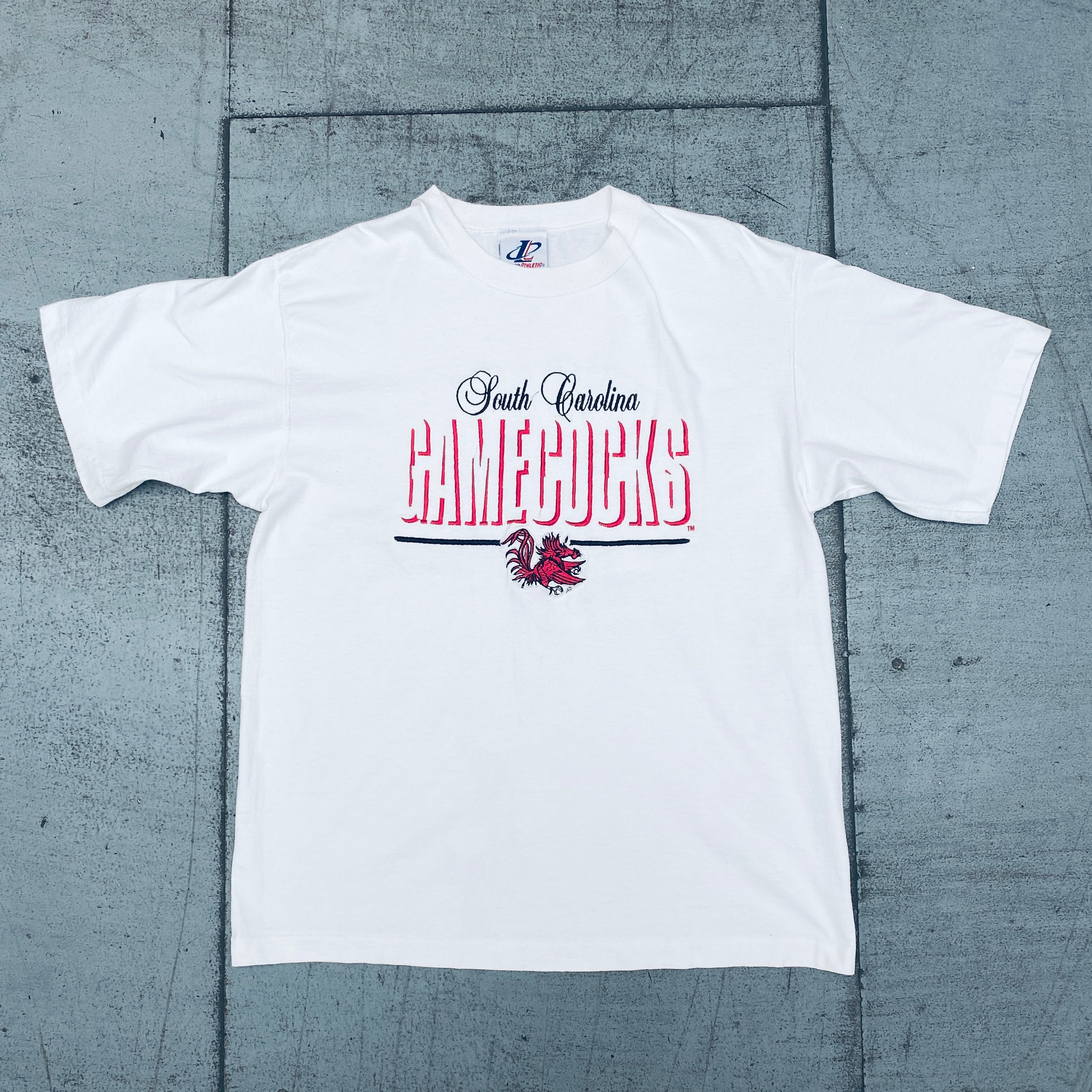 South Carolina Gamecocks 1990s Vintage Logo Embroidered Spellout T-Shirt - Large Size | NCAA College Fan Apparel for Men, Game Day Outfit, Retro Sports Fashion