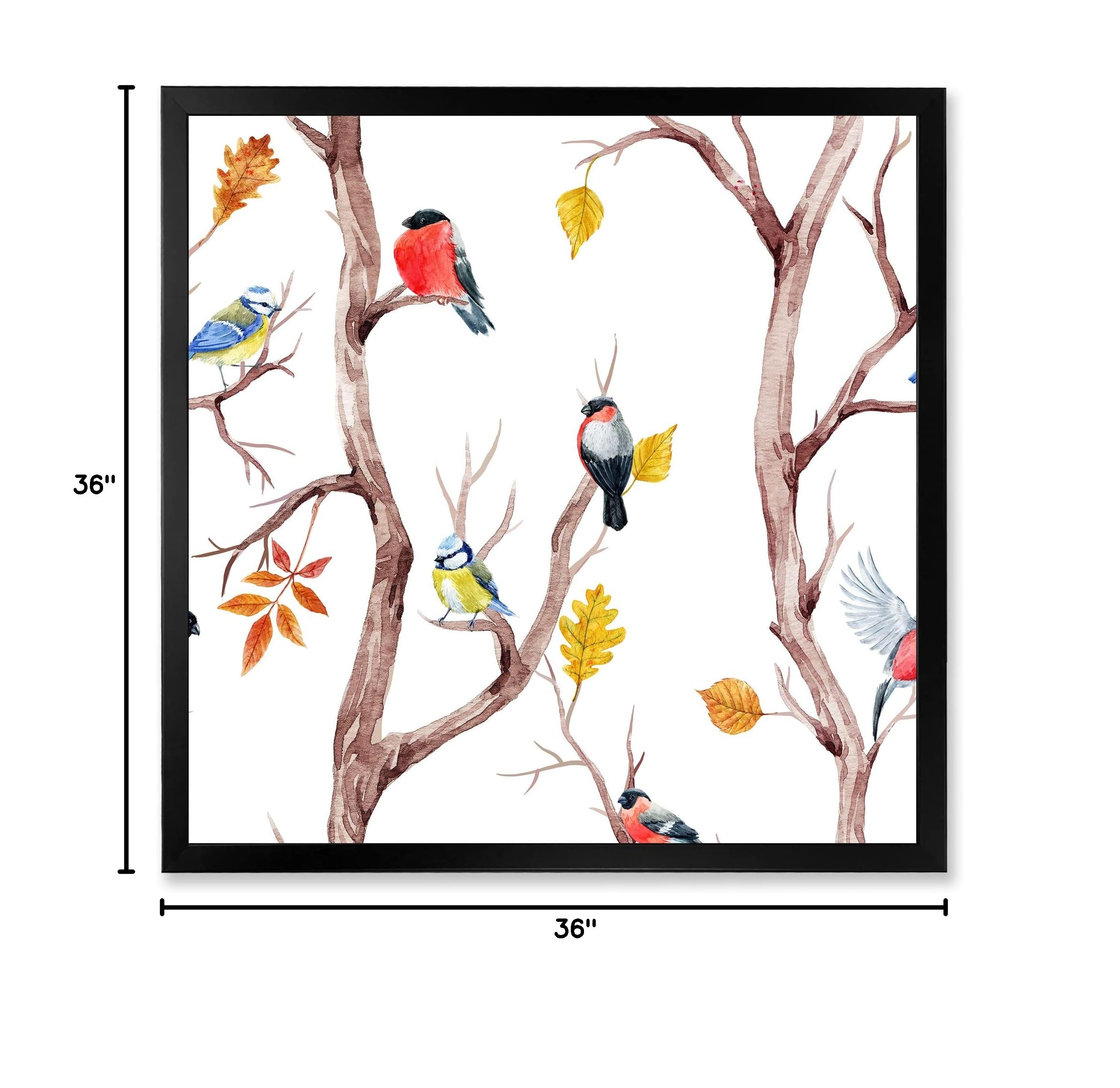 DesignQ Fall Trees and Little Birds Traditional Framed Wall Art - Autumn Landscape Painting for Home Decor, Living Room, Bedroom & Office