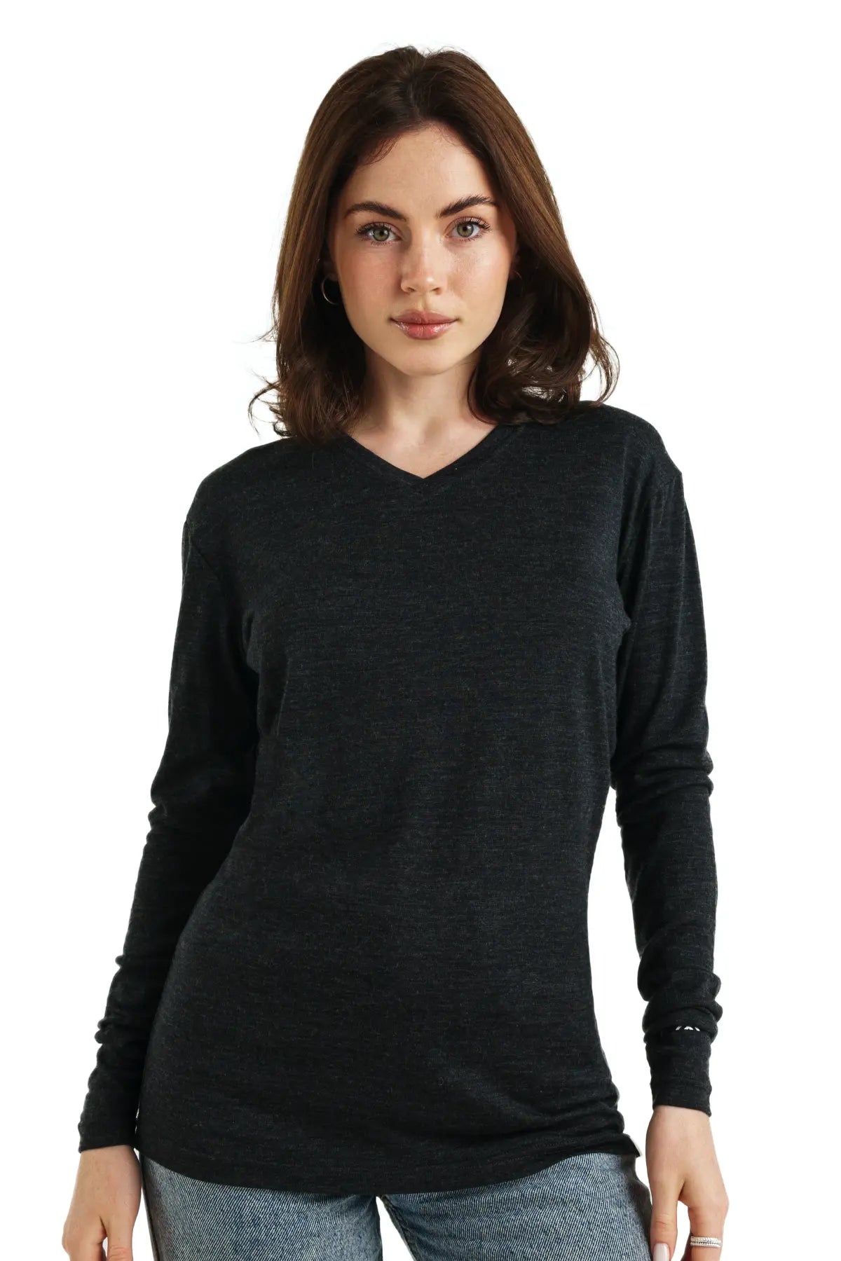 Women's Merino Wool Long Sleeve V-Neck Sweater - Soft & Warm 165 Charcoal Grey - Perfect for Winter Layering & Casual Outfits