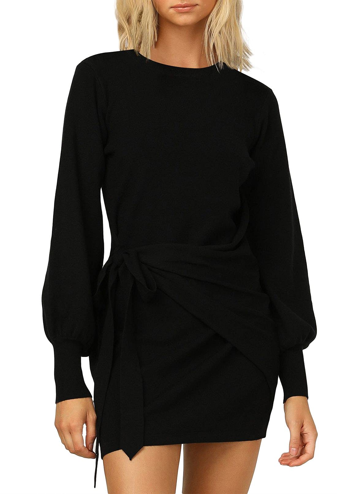 Elegant Women's Long Lantern Sleeve Mini Dress - Crewneck Tie Waist Knit Cocktail Party Dress for Date Night & Special Occasions