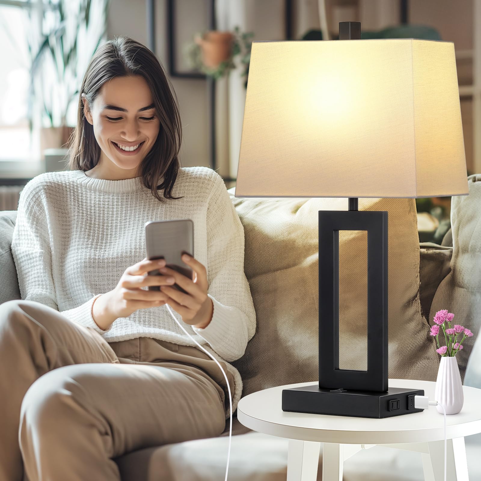 Cinkeda Modern Table Lamp Set of 2 - USB C & A Ports with AC Outlet, Black Nightstand Lamps for Bedroom, Living Room, Office - Perfect for Reading, Working & Ambient Lighting