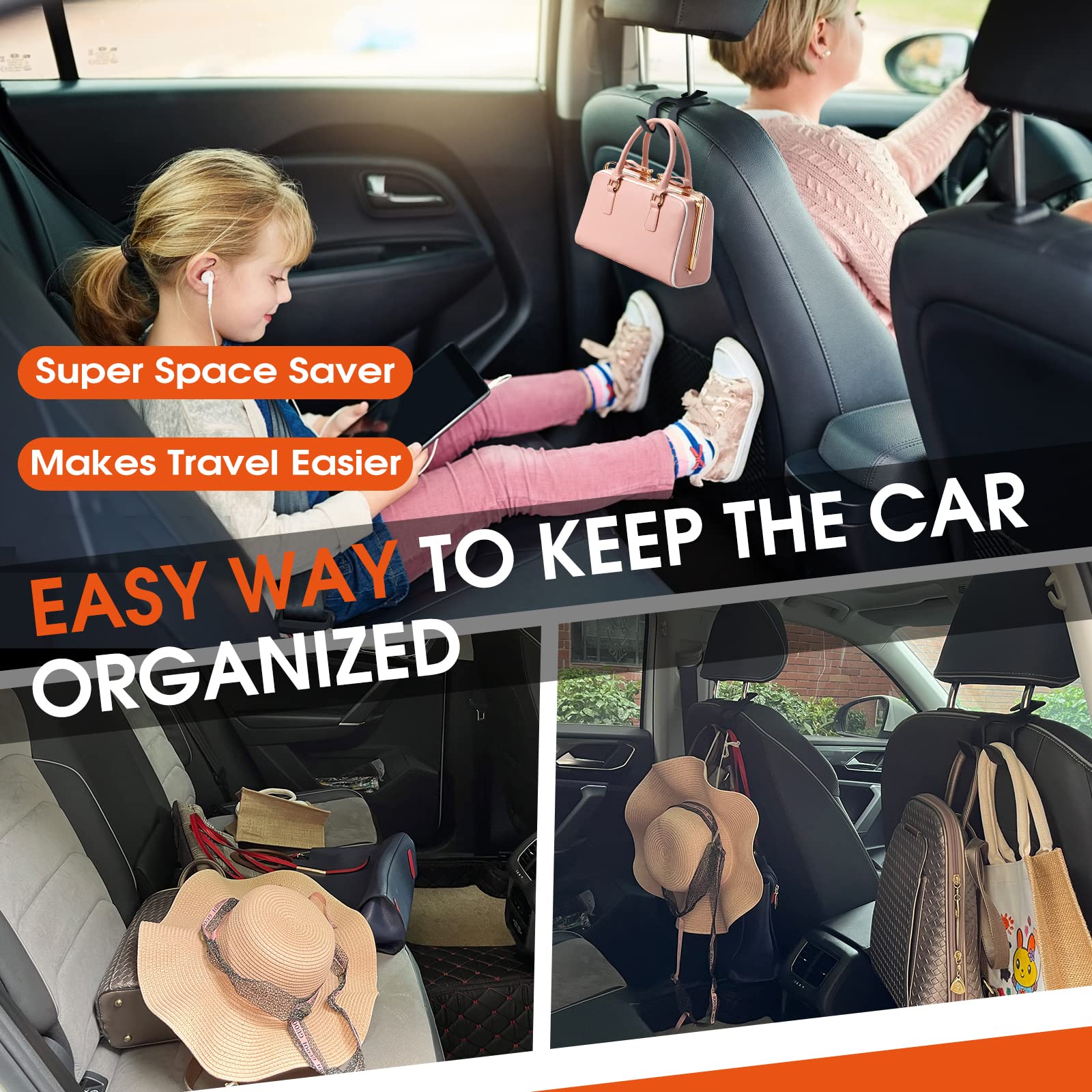 Upgraded 2-in-1 Car Headrest Hooks for Purses, Bags & Accessories - Durable Back Seat Organizer Hanger with Leather Storage Holder - Perfect for Vehicles, Travel & Daily Commute (1-Pack, Black)