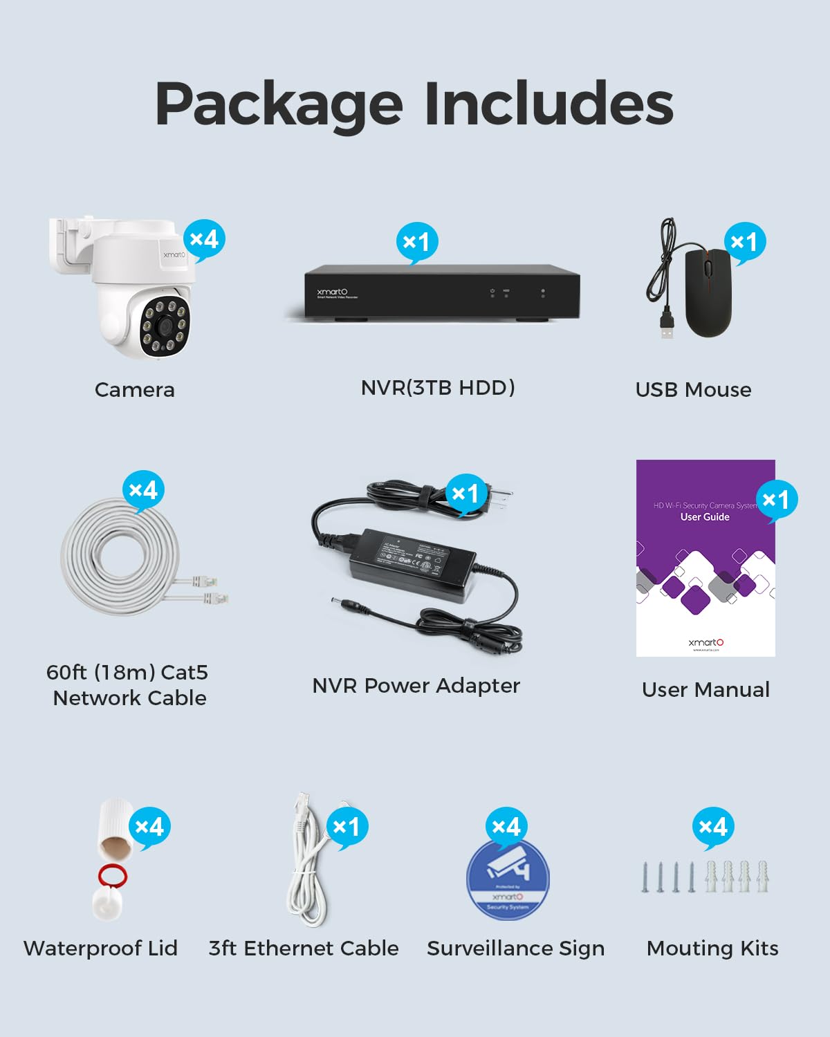 XMARTO 8CH 4K H.265 Auto-Tracking PoE Security Camera System with Pan Tilt Zoom - 4pcs Wired Surveillance Cameras with Human Detection, 24/7 Recording (No HDD) - Ideal for Home Security, Business Monitoring & Outdoor Surveillance