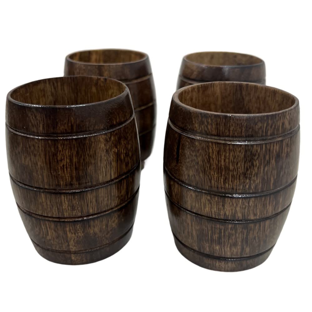 Premium Handmade Wooden Barrel-Shaped Tea Mugs - Set of 4 Natural Solid Wood Drinking Cups for Coffee, Tea & Hot Beverages - Rustic Home Decor & Gift Idea for Tea Lovers