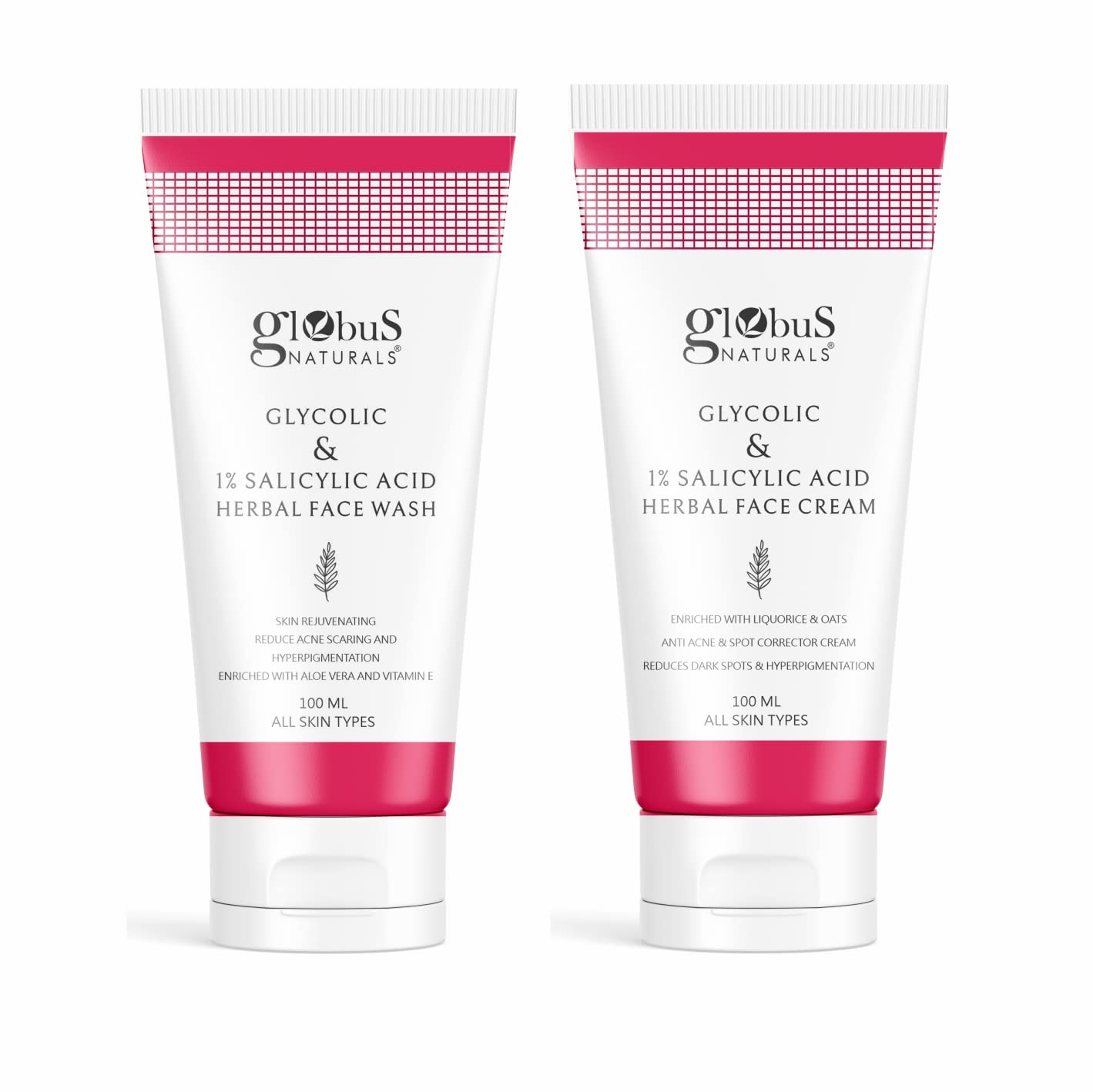 Globus Naturals Glycolic & 1% Salicylic Acid Anti-Acne Face Care Combo Set - 2-in-1 Face Wash & Moisturizing Cream for Clear Skin | Daily Acne Treatment for Oily & Combination Skin Types