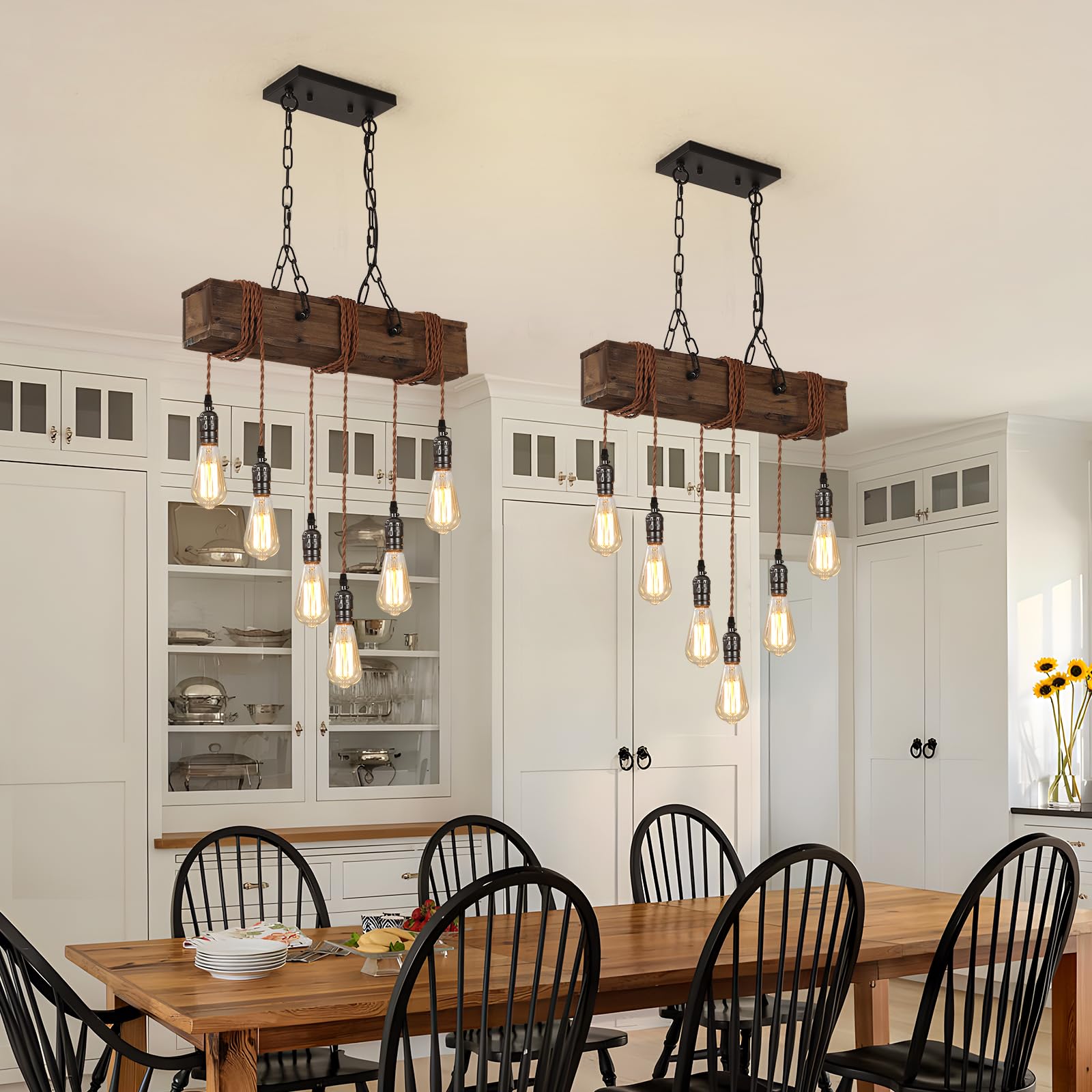 KEESFU 6-Light Farmhouse Wooden Chandelier - Adjustable Rustic Ceiling Pendant Light for Kitchen Island, Dining Room, Bar, Pool Table & Cabin - Perfect for Country Style Home Decor