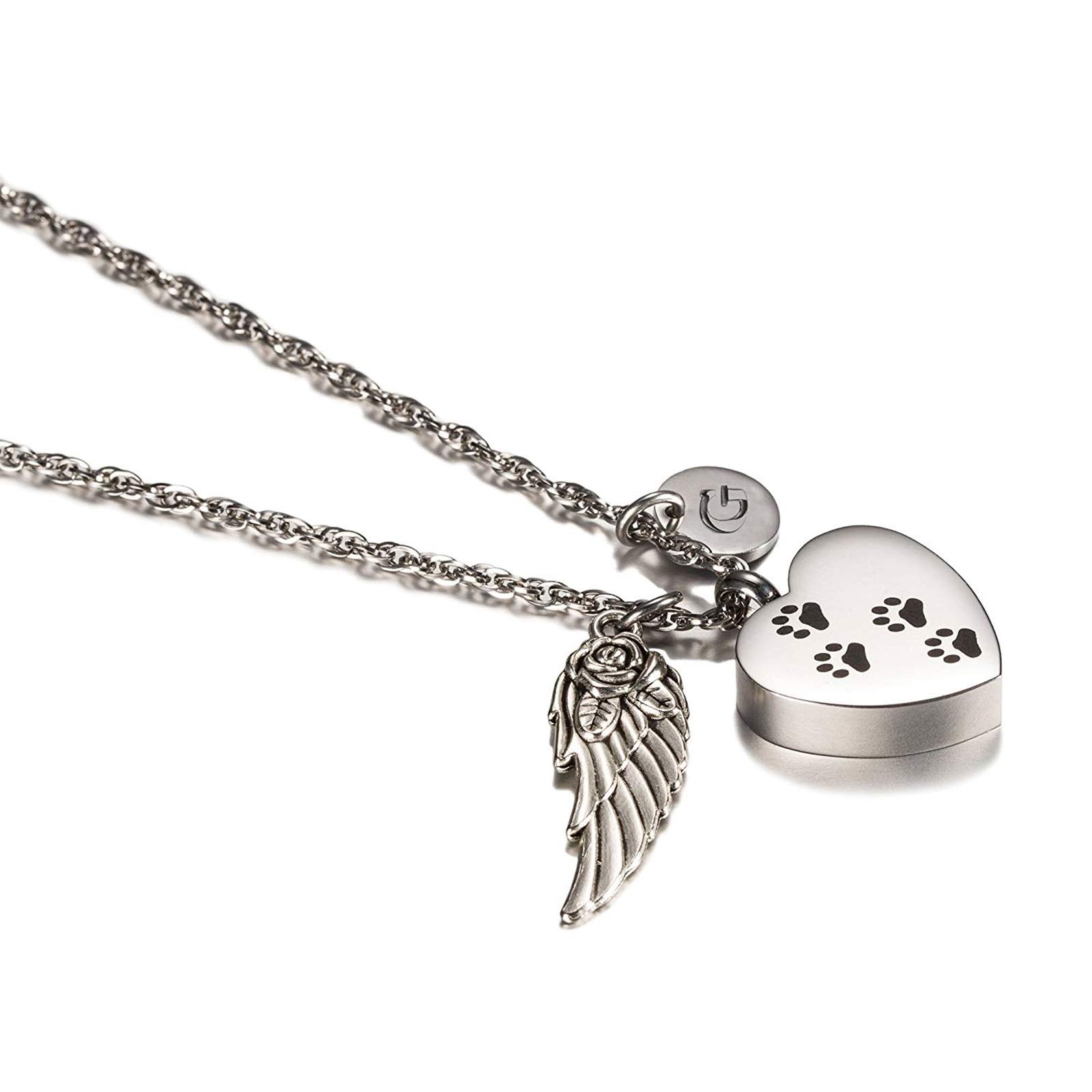 Stainless Steel Memorial Necklace - Heart Urn Pendant with Dog Paw, Angel Wing & 26 Letter Charms for Pet Ashes | Personalized Engraving | Perfect for Pet Loss Remembrance & Memorial Gifts