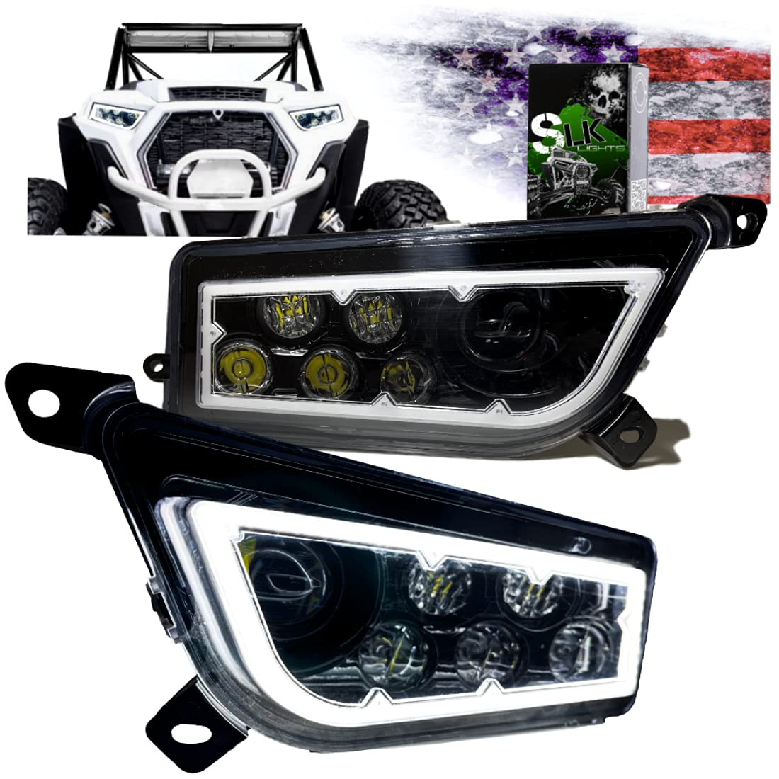 SLK-Lights RZR LED Headlight Kit - Compatible with Polaris General & RZR 900s/1000 XP Turbo (2015-2021 Models) - Black Halo Design - High Brightness Off-Road Lighting for Night Trail Riding & Dune Bashing