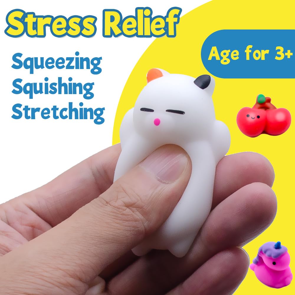 24-Piece Kawaii Squishy Toys Set - Cute Cat, Dinosaur, Fruit & Mochi Stress Relief Toys for Kids | Party Favors, Goodie Bag Fillers, Birthday Gifts | Anxiety Relief, Sensory Play & Classroom Rewards