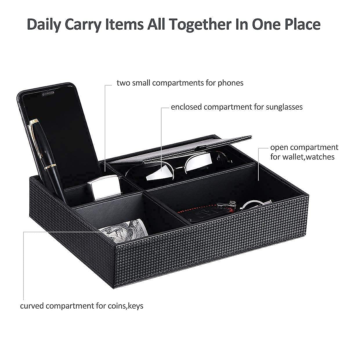 BEWISHOME Men's Valet Tray - Leather Dresser Organizer for Jewelry, Watches, Keys & Wallets | Nightstand Storage Solution for Men's Accessories | Perfect for Bedroom, Office & Travel Organization