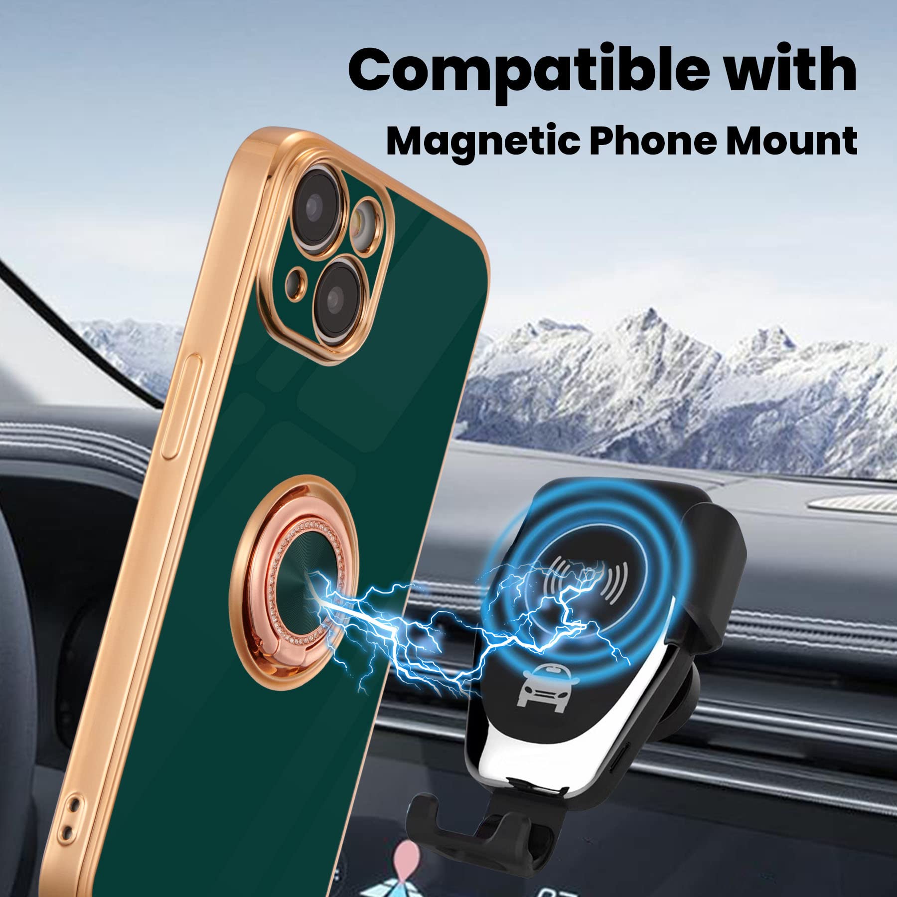Premium TPU iPhone 14 Case with Ring Stand & Gold Trim - Shockproof Protective Cover for iPhone 14 (6.1 Inch) in Green | Perfect for Hands-Free Viewing, Secure Grip & Everyday Protection