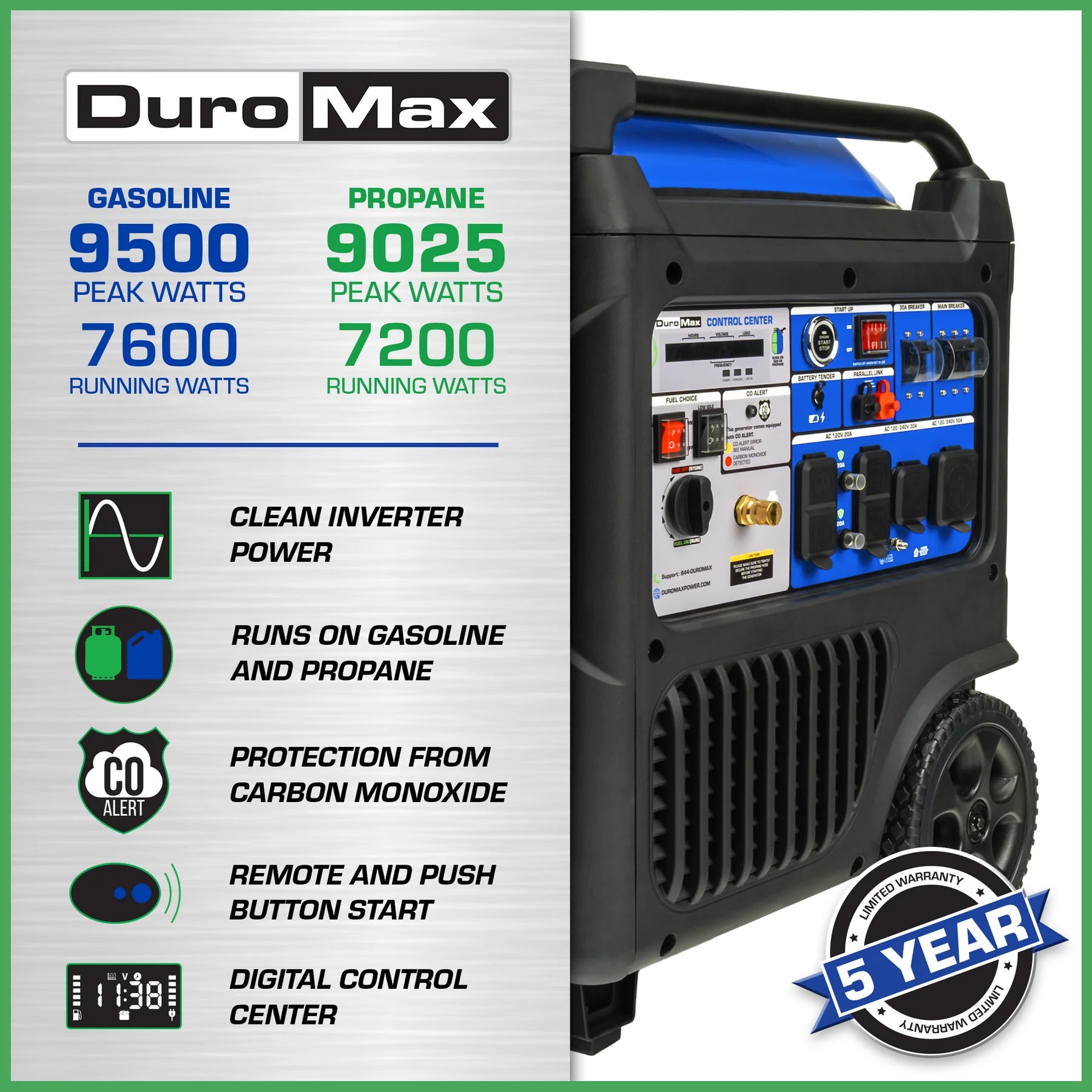 DuroMax XP9500iH 7600W/9500W Dual Fuel Portable Generator with Remote Start - Gas & Propane Powered Inverter Generator with CO Alert - Perfect for Home Backup Power, Camping & Outdoor Activities