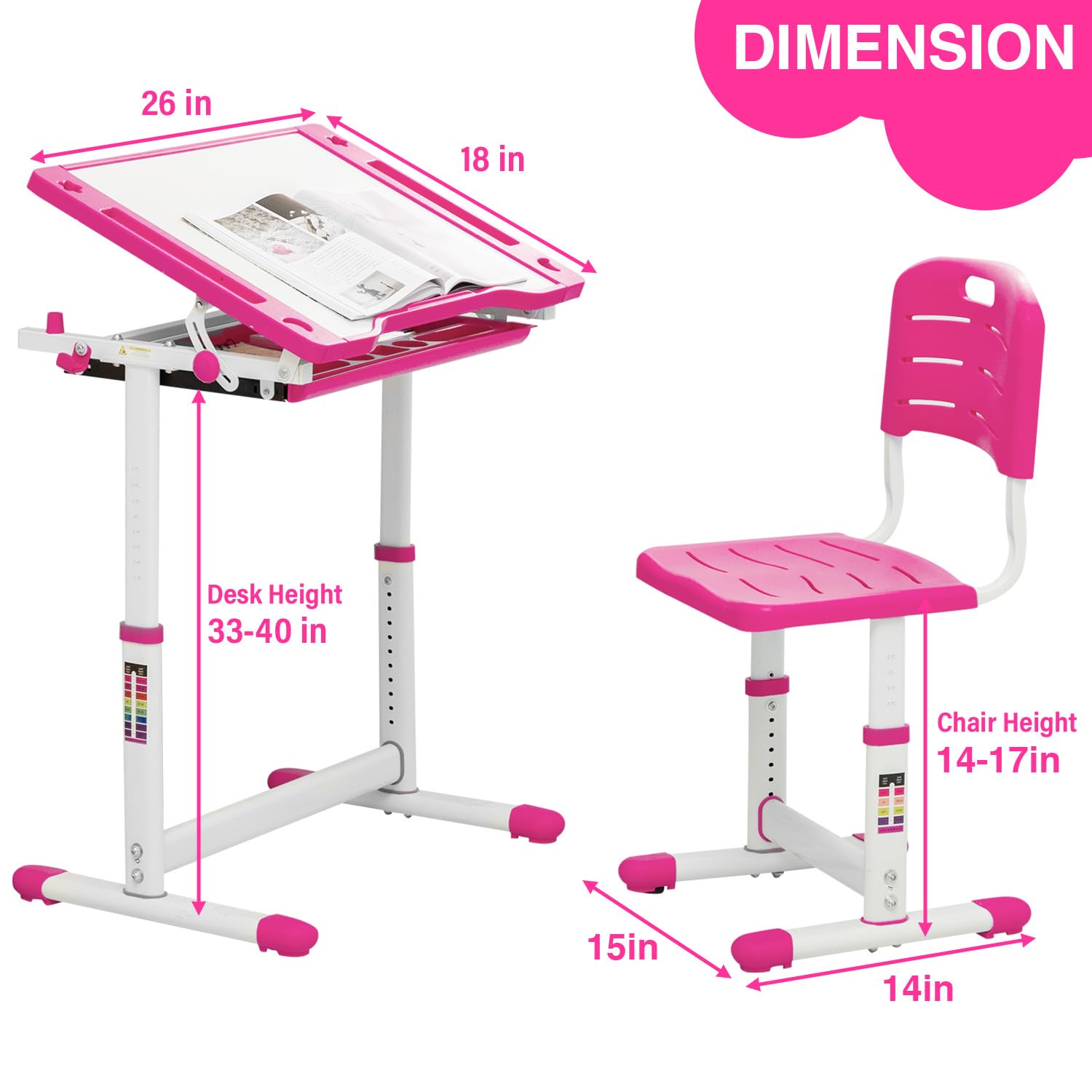 Adjustable Kids Desk and Chair Set - Ergonomic Children's Study Table with Storage Drawer, Tilt Desktop & Metal Hook - Multi-Functional Learning Desk for School & Homework (Pink) - Perfect for Homeschooling, Online Classes & Bedroom Study Space
