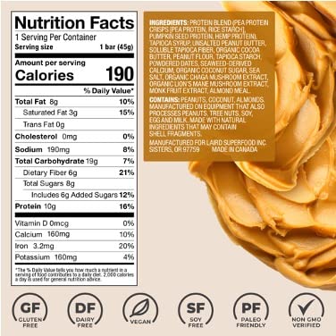 Laird Superfood Functional Protein Bars - 10g Plant-Based Protein, 6g Fiber, Non-GMO with Real Ingredients & Functional Mushrooms - Peanut Butter Flavor (10 Count) - Perfect for Post-Workout Recovery, Healthy Snacking & On-the-Go Nutrition