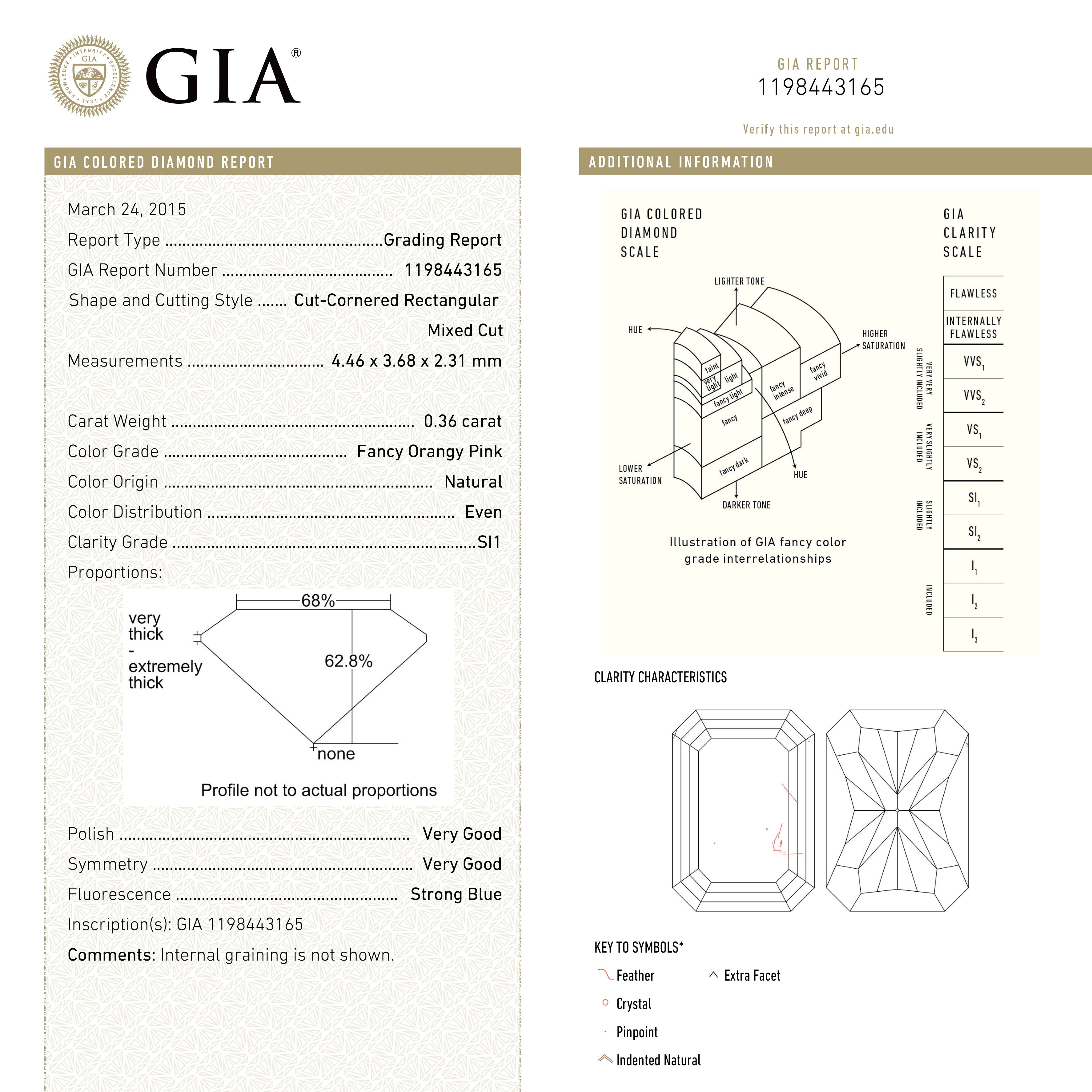 0.36ct GIA Certified Fancy Orangy Pink Diamond - 4.46x3.68x2.31mm SI1 Cut Corner Rectangle Brilliant Cut | Engagement Rings, Wedding Bands & Fine Jewelry | USA Seller