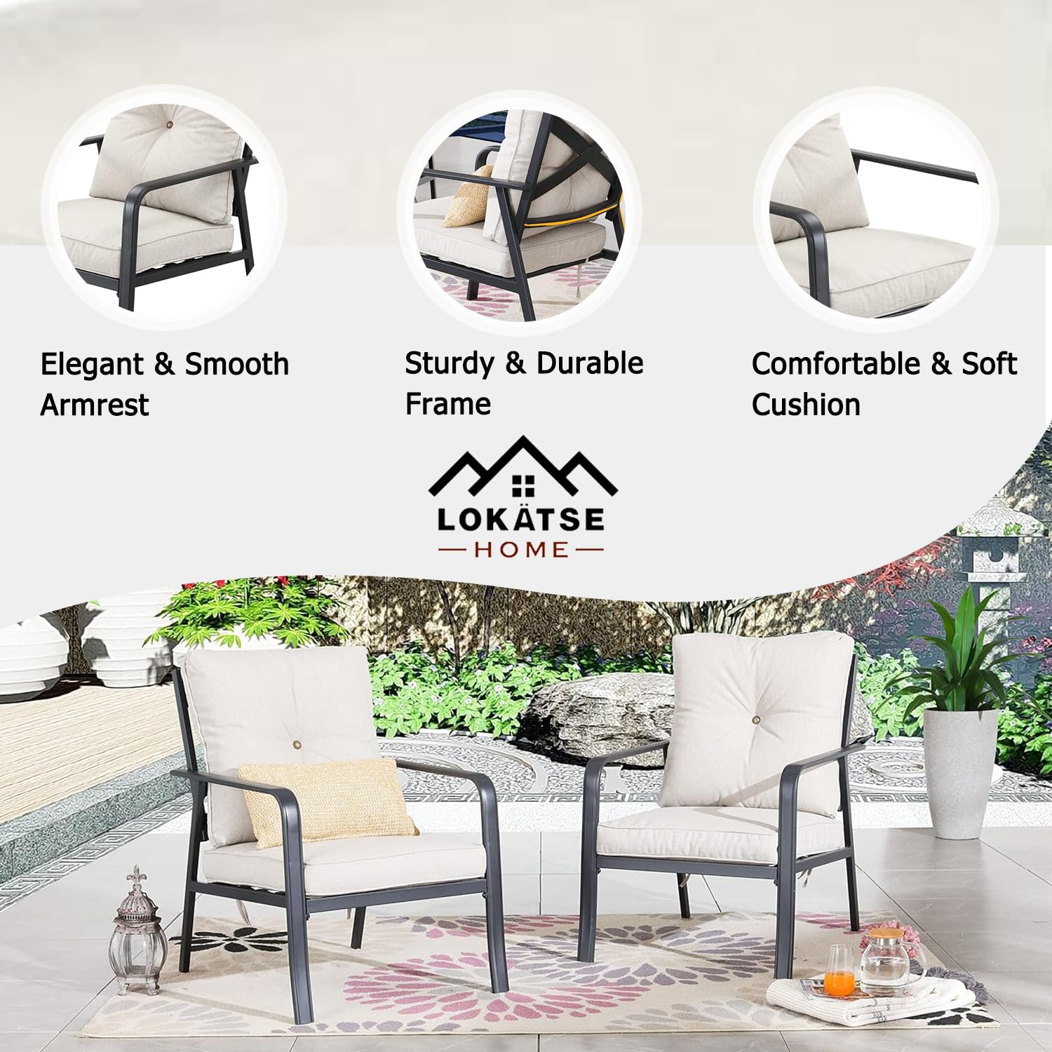 LOKATSE HOME 2-Piece Modern Patio Dining Chairs Set with Beige Cushions - Outdoor Bistro Furniture for Balcony, Backyard, Garden - Perfect for Relaxing, Entertaining & Dining Al Fresco