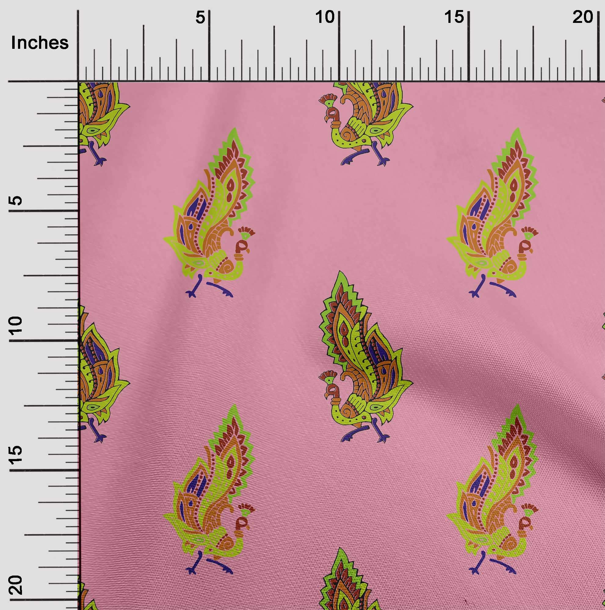 oneOone 60 Inch Wide Viscose Jersey Fabric - Pink Peacock Block Print Dress Material by The Yard | Perfect for DIY Dresses, Skirts & Summer Fashion Projects