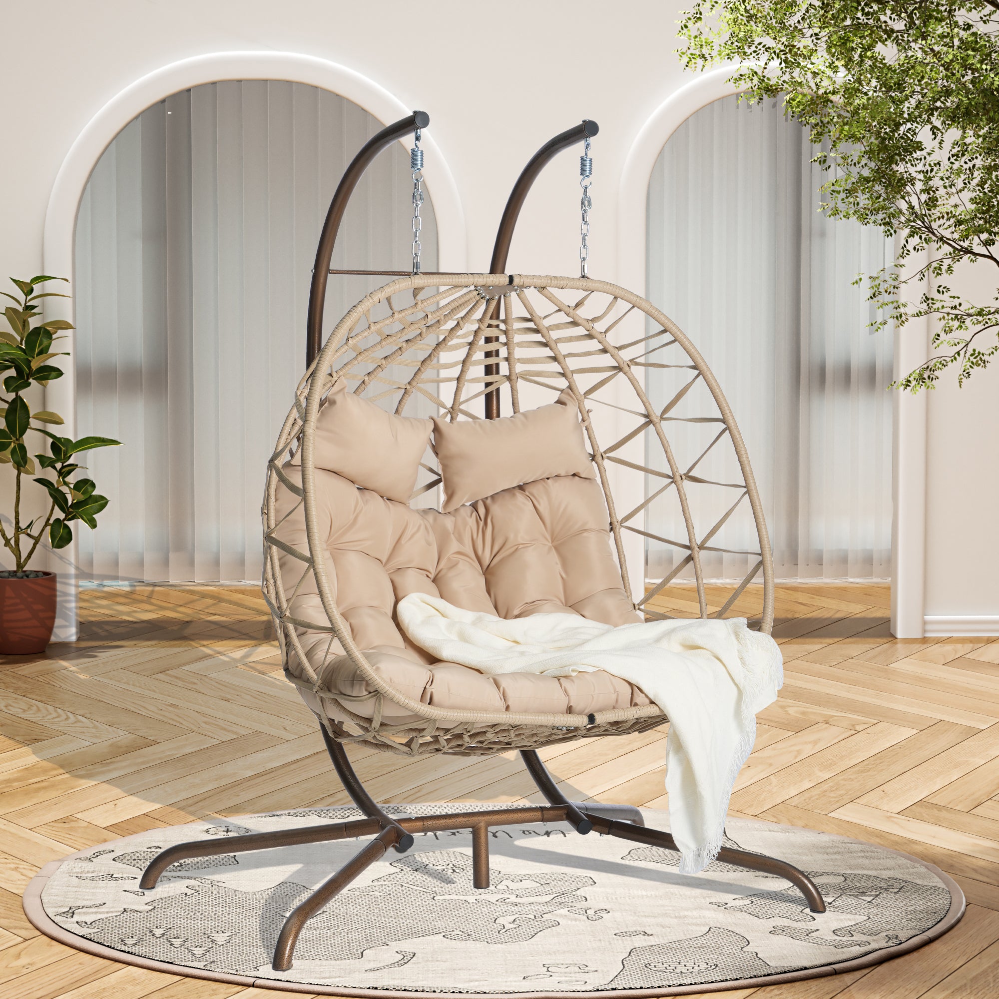 Double Egg Chair with Stand - Indoor/Outdoor Wicker Rattan Hanging Swing Chair with UV-Resistant Cushions (600 lbs Capacity) - Perfect for Bedroom, Balcony, Patio, Garden & Backyard Relaxation