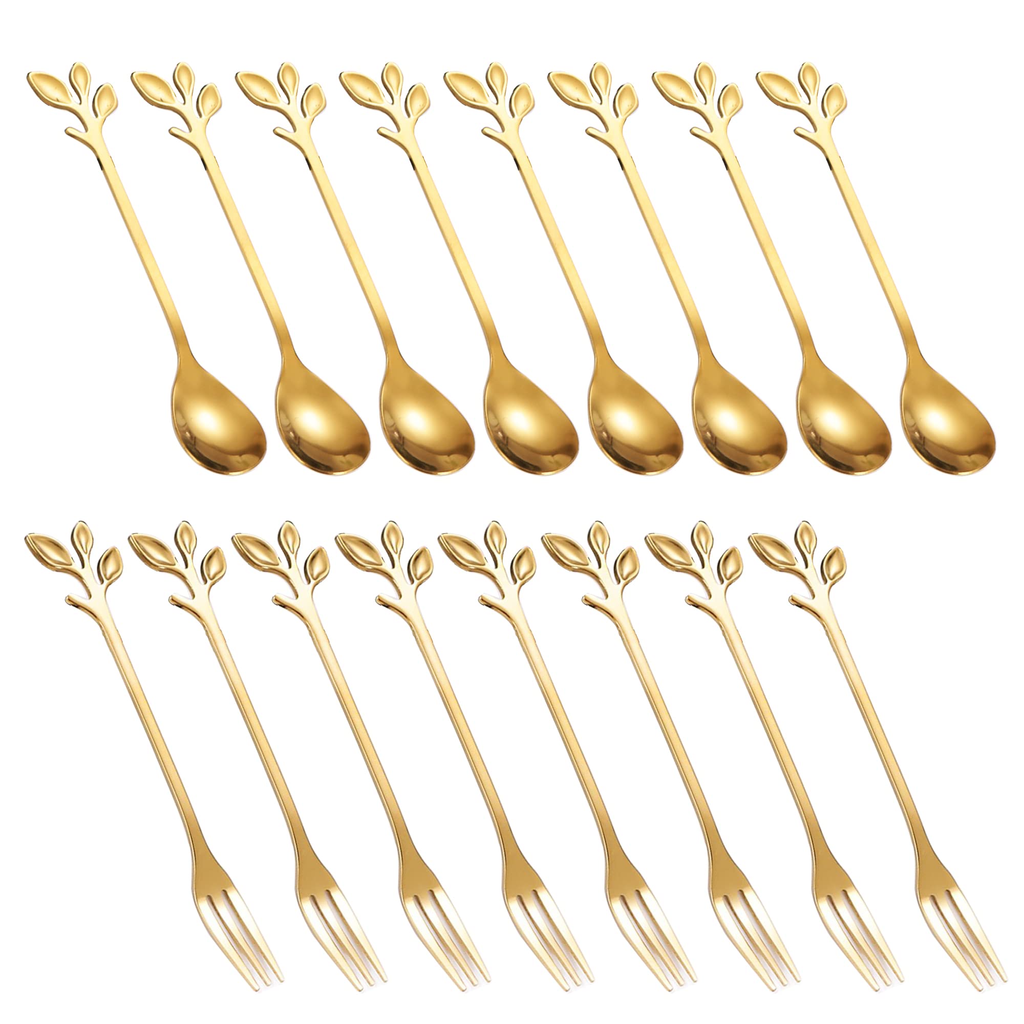 16-Piece Stainless Steel Coffee Spoons & Dessert Forks Set - 8 Gold Spoons & 8 Forks for Tea Party, Dessert Tasting, and Elegant Dining Accessories