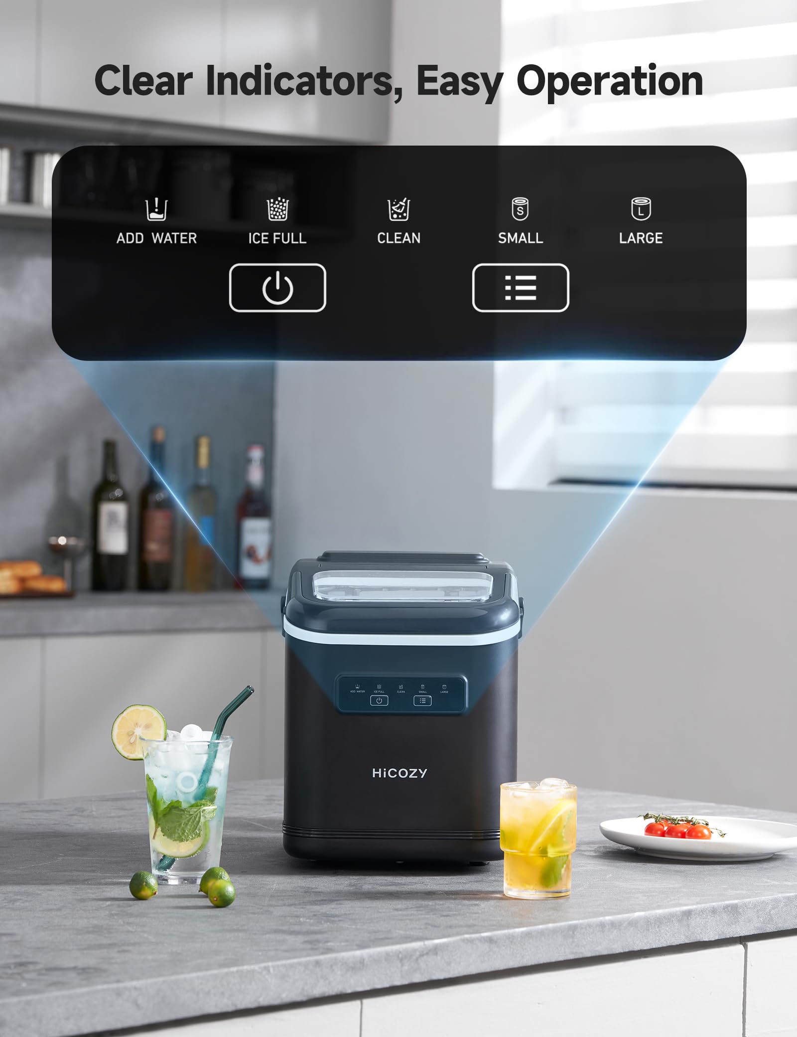 HiCOZY Portable Countertop Ice Maker Machine - Fast 6-Min Ice, 26 lbs/Day, Self-Cleaning, Compact with Handle for Kitchen, Office, RV, Camping & Home Bar - Perfect for Parties, Drinks & Small Spaces (Black)
