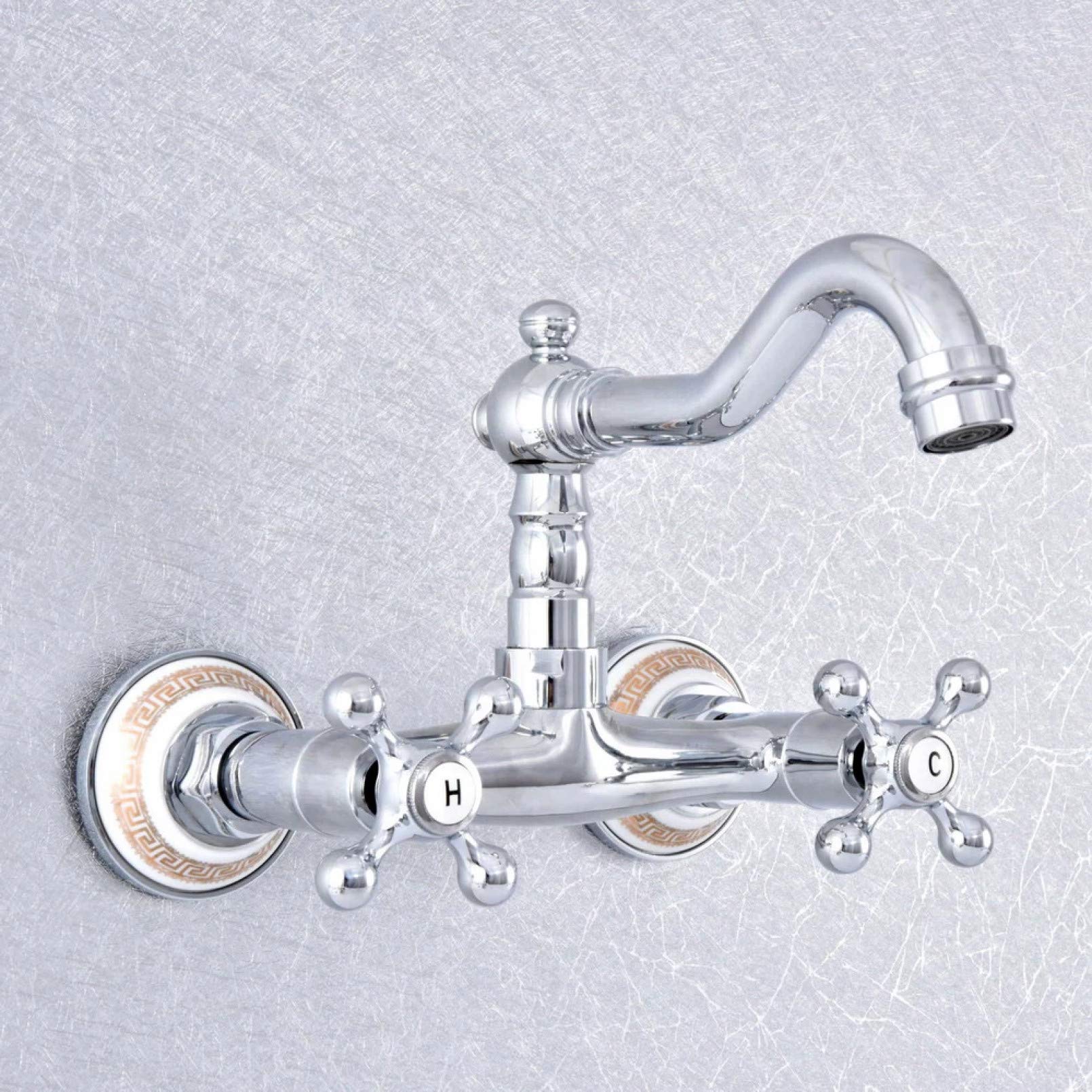 Polished Chrome Brass Ceramic Base Wall Mounted Bathroom Kitchen Sink Faucet with Swivel Spout & Dual Cross Handles - Perfect for Modern Home, Restaurant, and Commercial Use