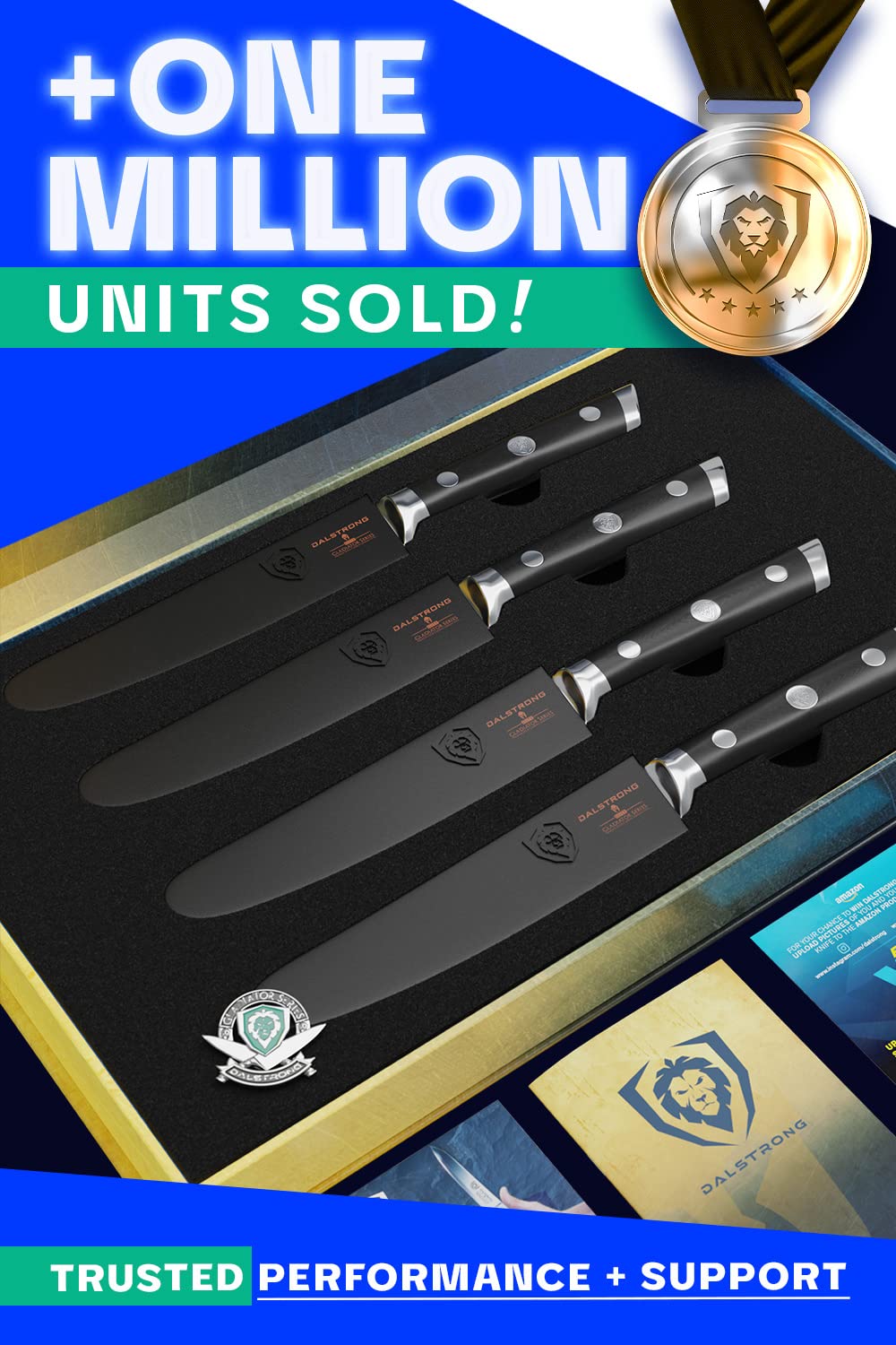 Dalstrong Gladiator Series Elite 4-Piece Steak Knives Set - Serrated German High-Carbon Steel Blades - Razor Sharp & NSF Certified - Perfect for Steak Dinners, BBQ Parties & Fine Dining Experiences
