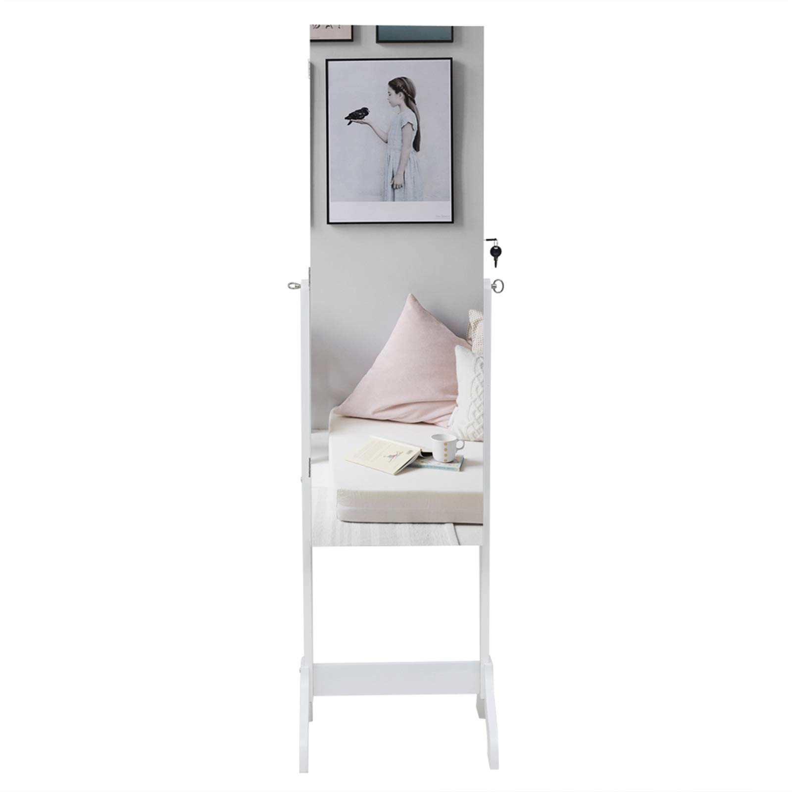 Full Length Mirror with Wooden Frame & 4-Tier Adjustable Shelf - Jewelry Storage Cabinet with 2 Drawers & Inner Mirror - White - Perfect for Bedroom, Dressing Room & Closet Organization