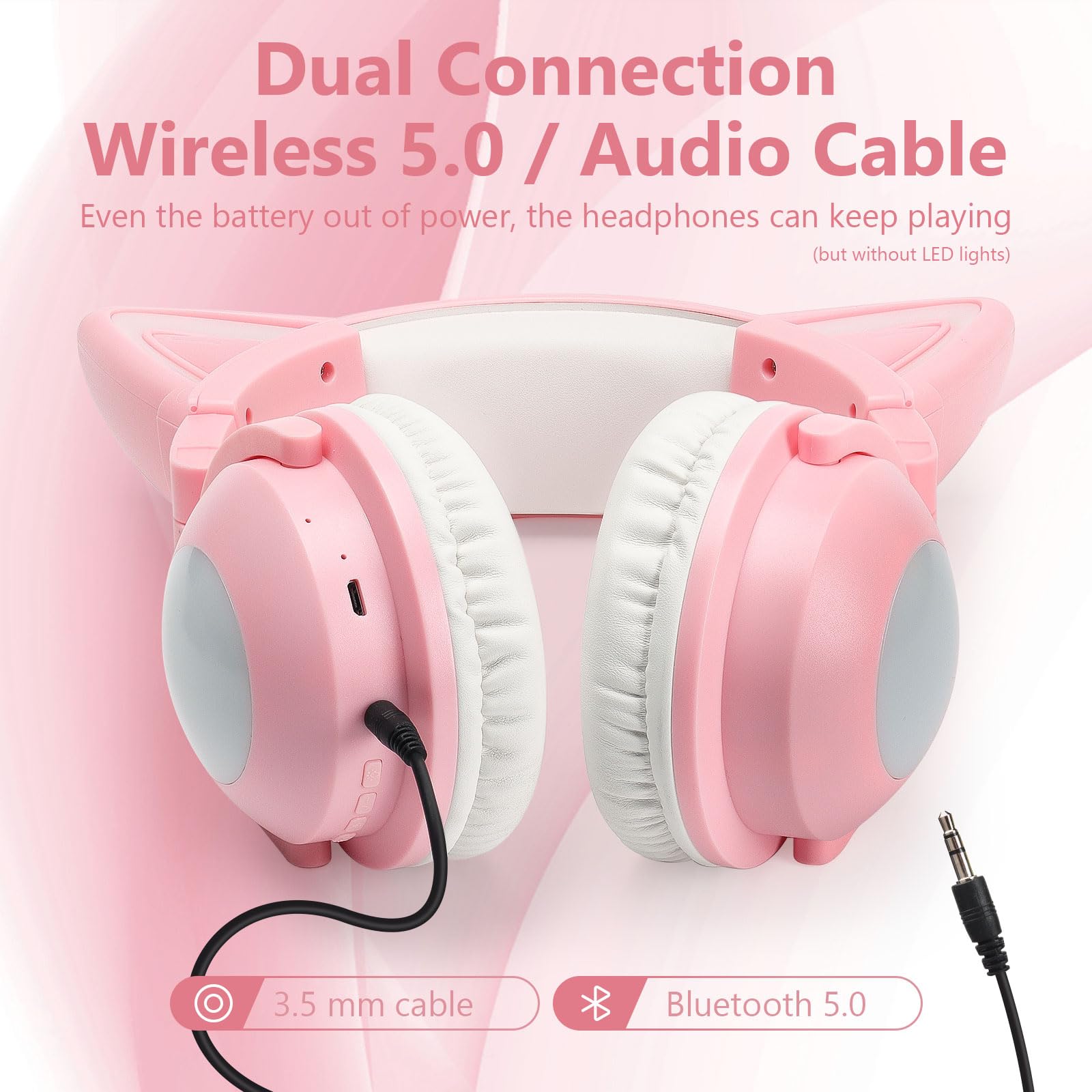 Wireless Cat Ear Headphones with LED Lights - Foldable Over-Ear Bluetooth Headset with Built-in Mic for Adults & Kids, Compatible with iPhone/Android/PC/Tablet/TV (Pink) - Perfect for Gaming, Music, Online Classes & Cosplay