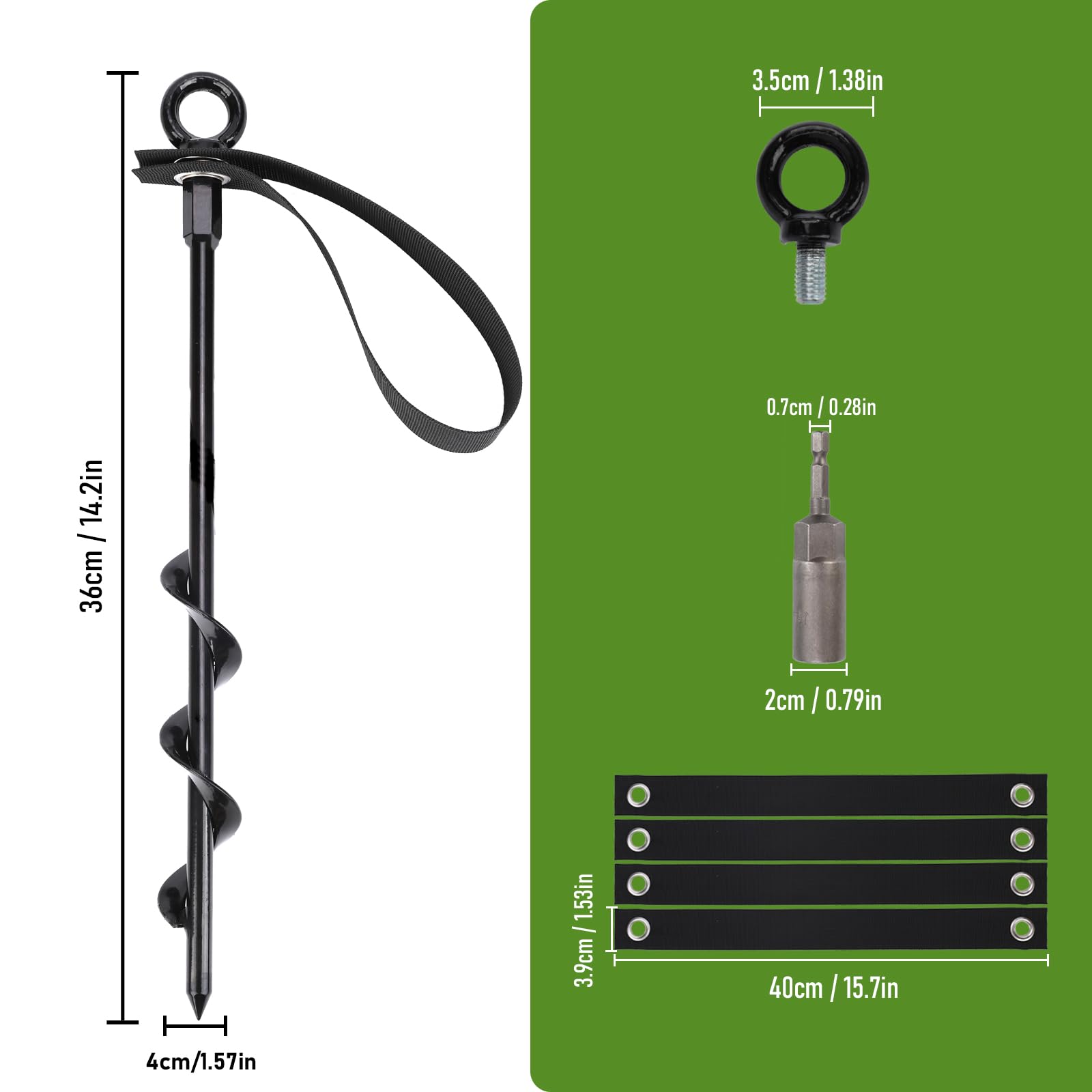Heavy Duty Screw-In Ground Anchors for Trampolines, Canopies, Carports & Sheds - Wind Resistant with Straps & Ropes (14in, 4/8 Pack) - Perfect for Outdoor Stability in High Winds & Storms