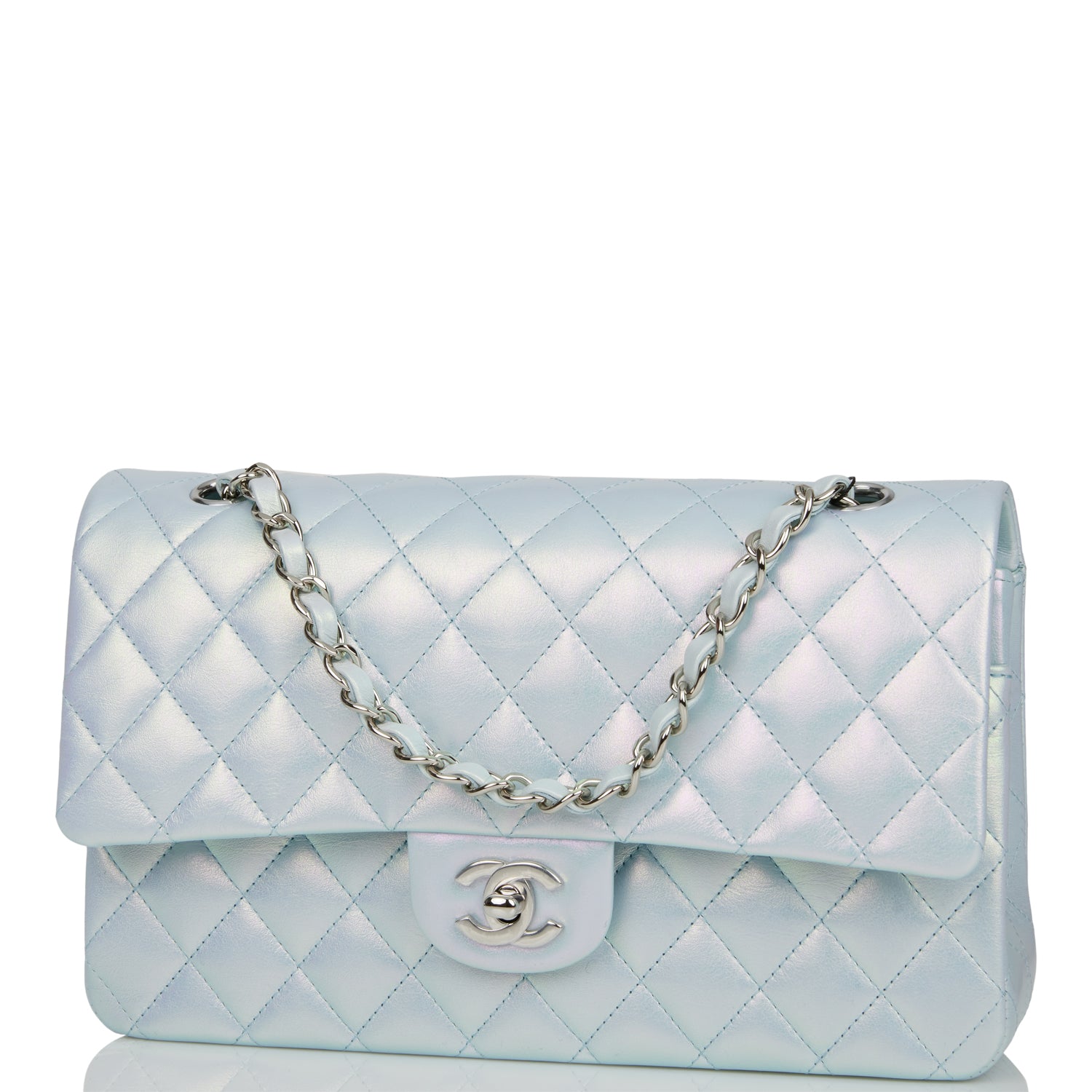 Chanel Medium Classic Double Flap Bag Blue Iridescent Lambskin Silver Hardware - Luxury Designer Handbag for Women, Perfect for Parties, Weddings & Special Occasions