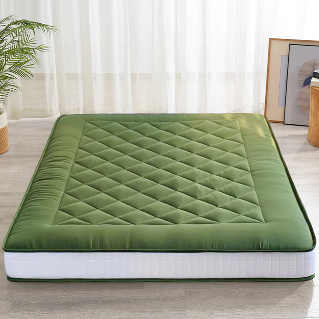 MAXYOYO Diamond Patterned Padded Japanese Floor Mattress - Extra Thick Quilted Mattress Topper in Green | Perfect for Guest Beds, Meditation & Small Spaces