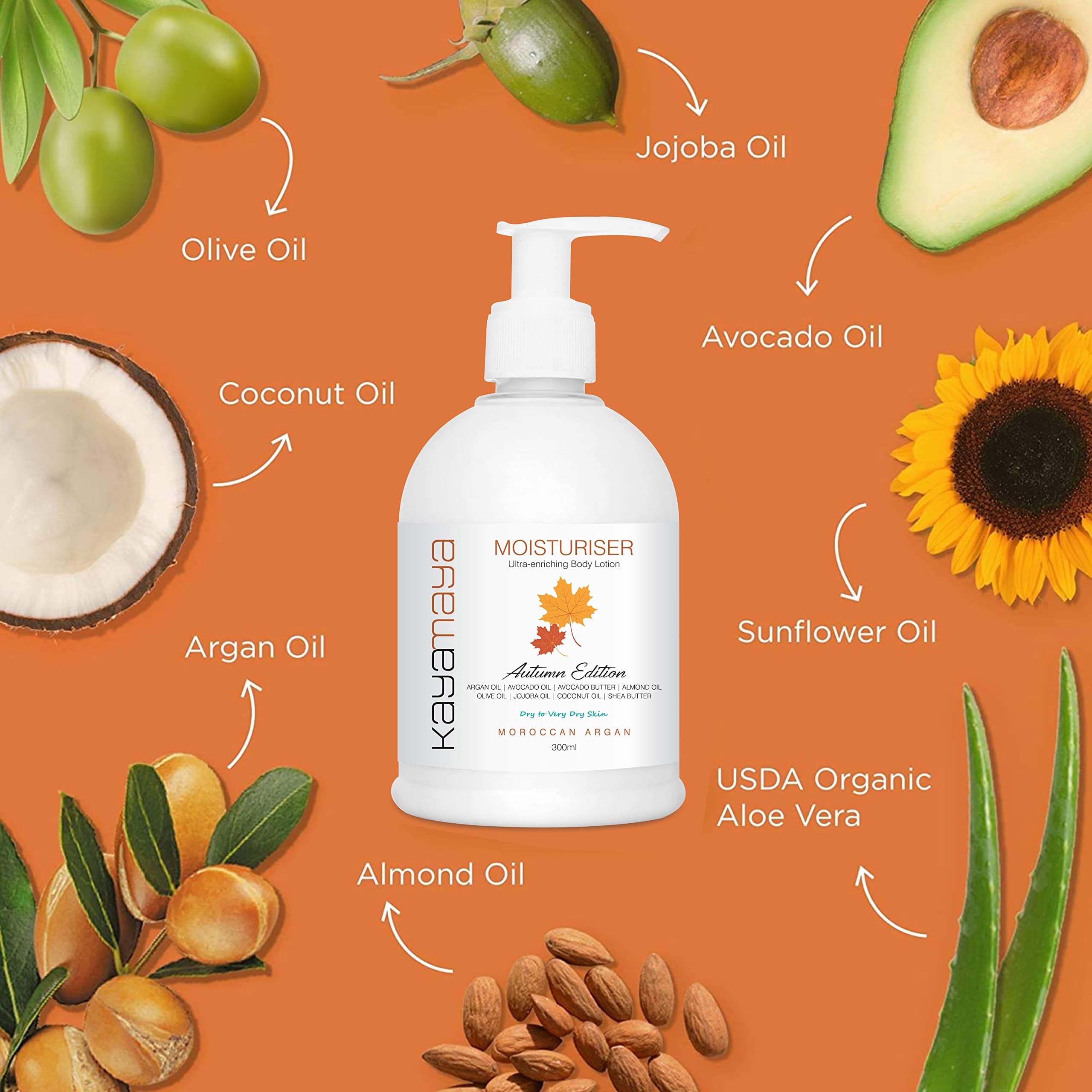 Kayamaya Autumn Edition Body Lotion with Argan Oil & Avocado Butter - 300ml Deep Hydration for Very Dry Skin | Nourishing Moisturizer for Fall & Winter Care | Perfect for Daily Use & Nighttime Skincare Routine