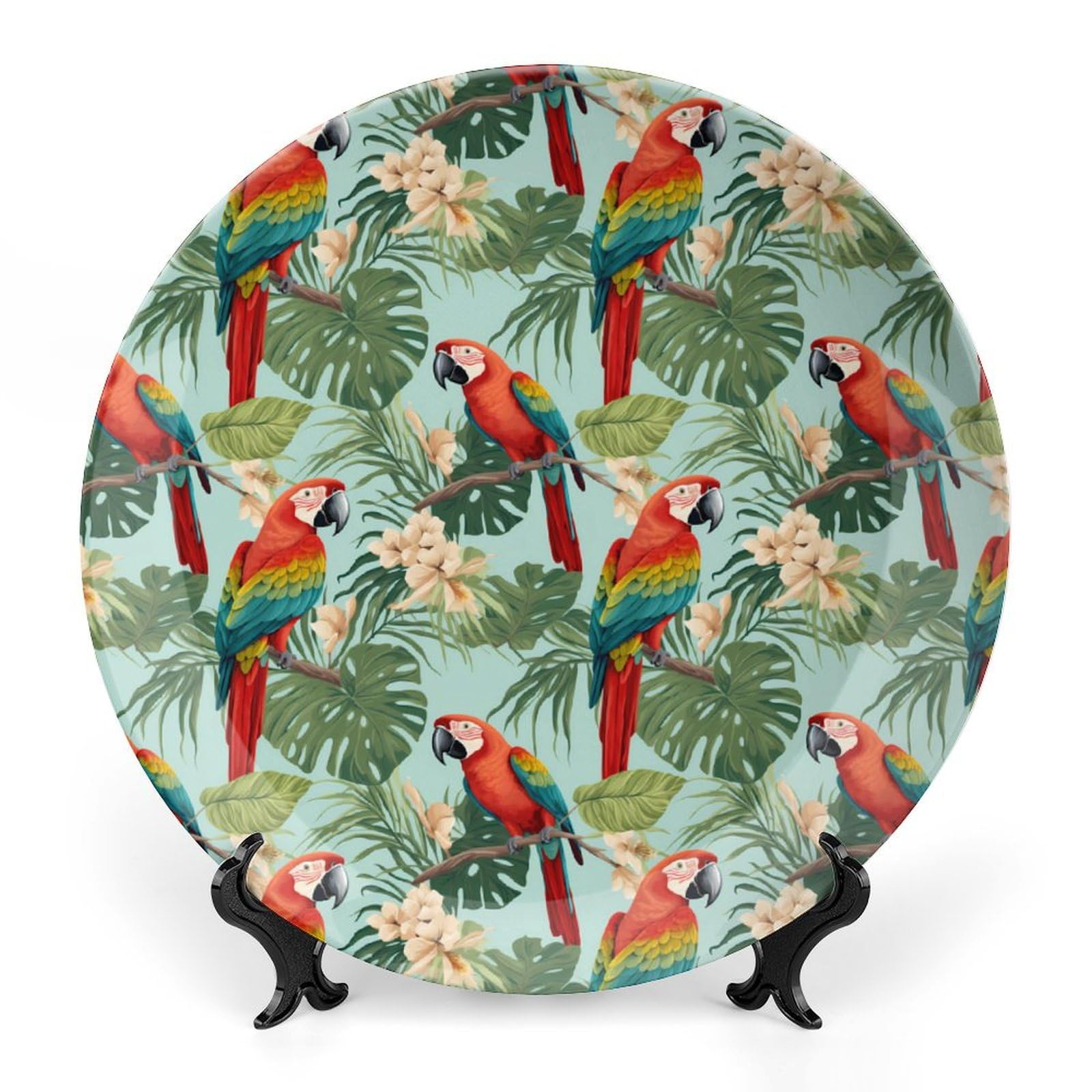 Vibrant Tropical Leaves & Parrot Ceramic Decorative Plates - Elegant Display & Dinner Plates with Stand for Kitchen, Dining Room & Home Decor | Perfect for Wall Art, Table Centerpieces & Gift Giving