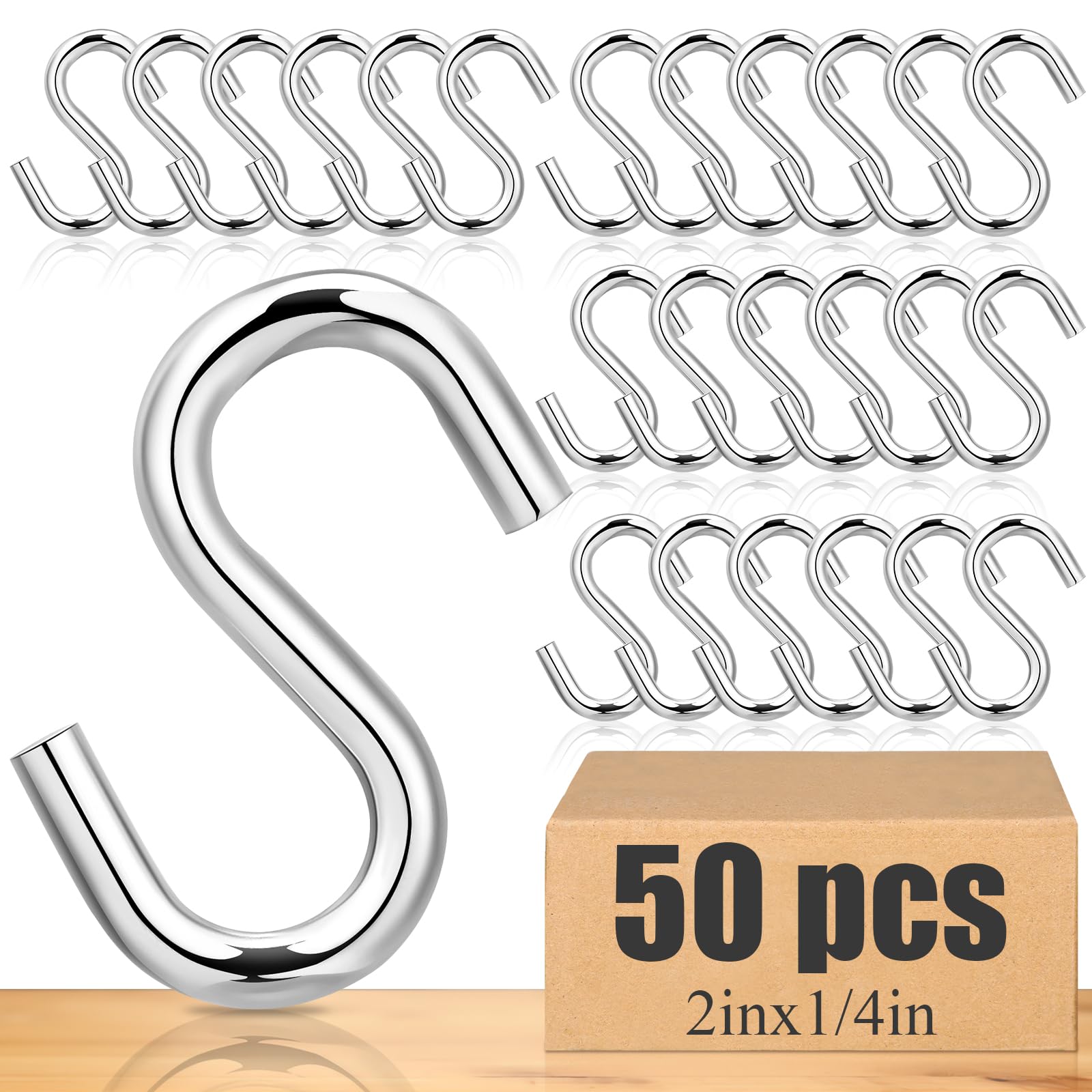 50 Pcs Heavy Duty S Hooks - 2 Inch Long, 1/4 Inch Thick Zinc Plated Utility Hooks for Hanging Hammocks, Swings, Buckets, Mesh Bags - Perfect for Garage, Garden, Home Organization & Outdoor Use