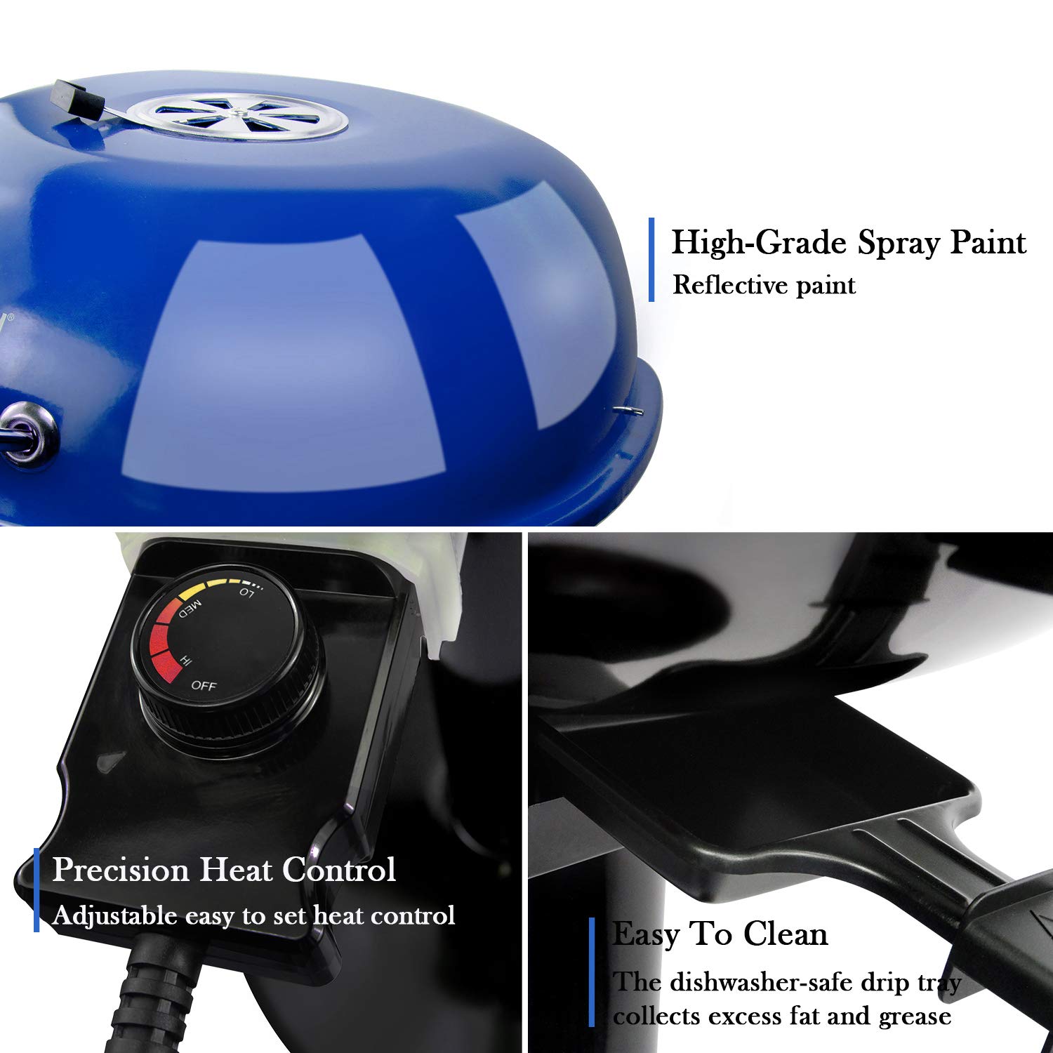 Techwood 1600W Electric Grill for Indoor & Outdoor Use - Portable BBQ Grill with Removable Stand - Perfect for Backyard, Camping & Patio Cooking (Blue)