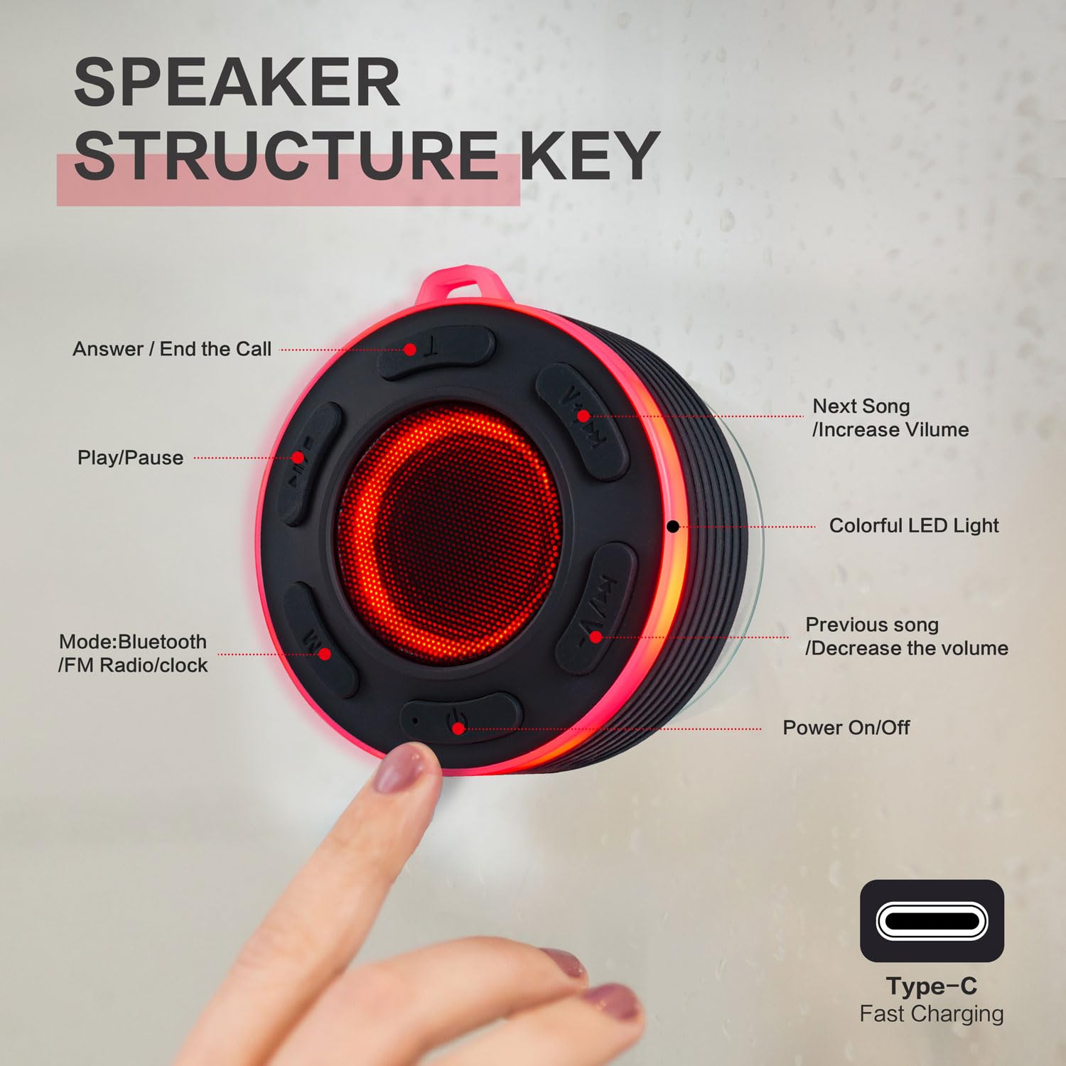 JK&EROSSTARS 便携蓝牙音箱 - HiFi立体声 LED灯 IP7防水 带吸盘 内置麦克风 免提通话 适用于户外、浴室、露营、派对、旅行