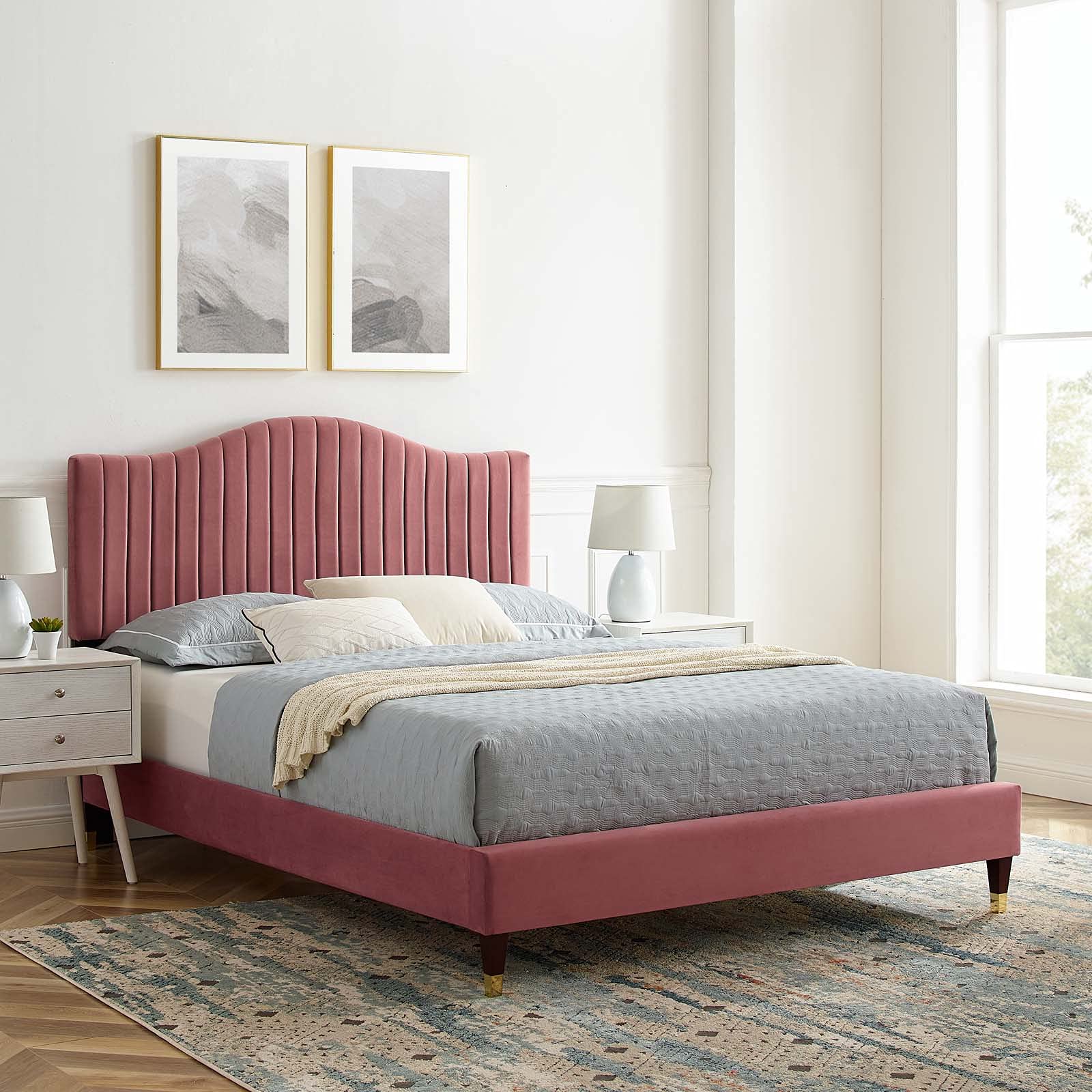 Modway Juniper Queen Size Platform Bed Frame in Dusty Rose - Modern Minimalist Bedroom Furniture for Small Spaces & Guest Rooms
