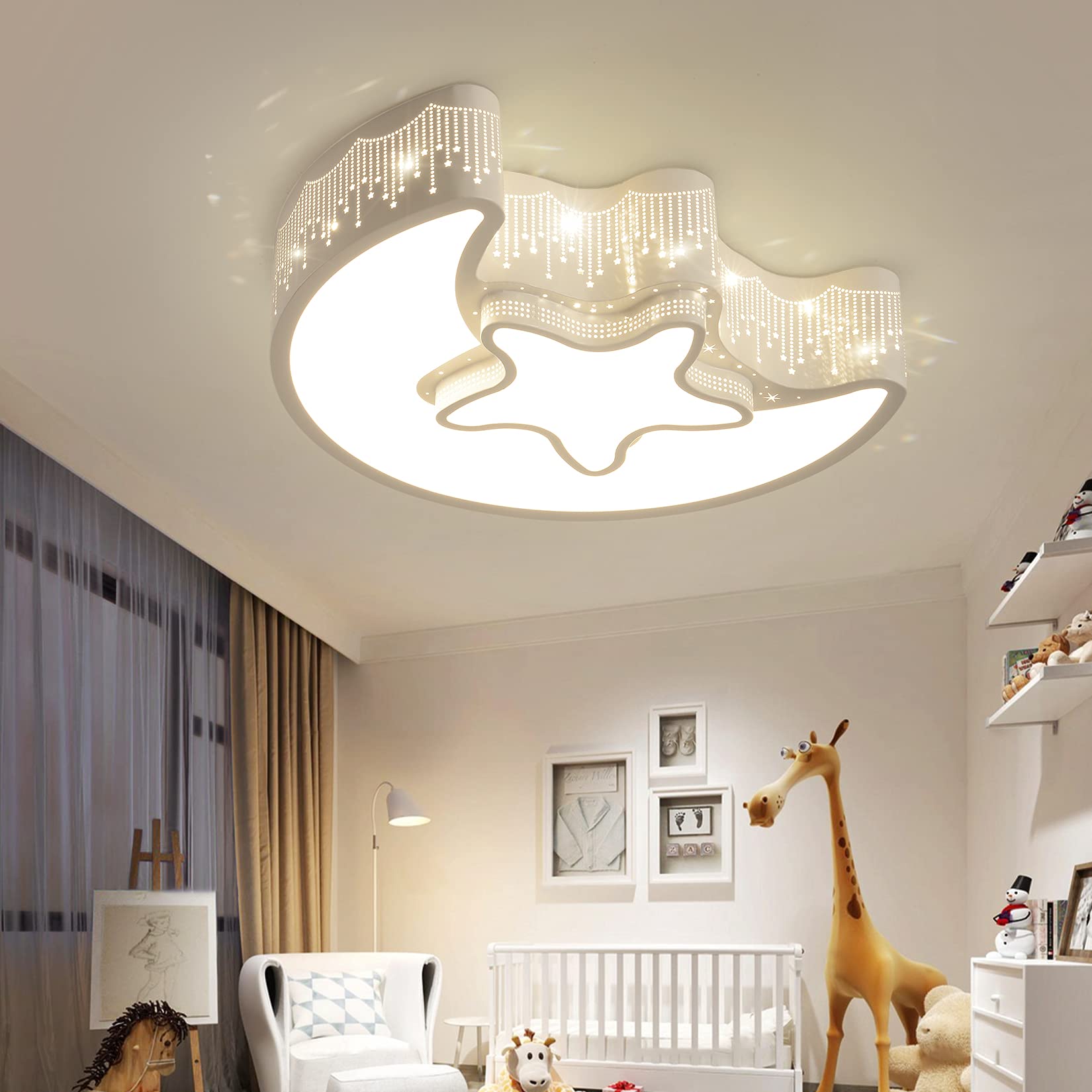 Modern Moon & Star Shaped Ceiling Light Fixture - White 4000K Natural Light Metal Chandelier for Girls Bedroom, Kids Room & Nursery | Perfect for Bedtime Stories, Playtime & Creating a Cozy Atmosphere