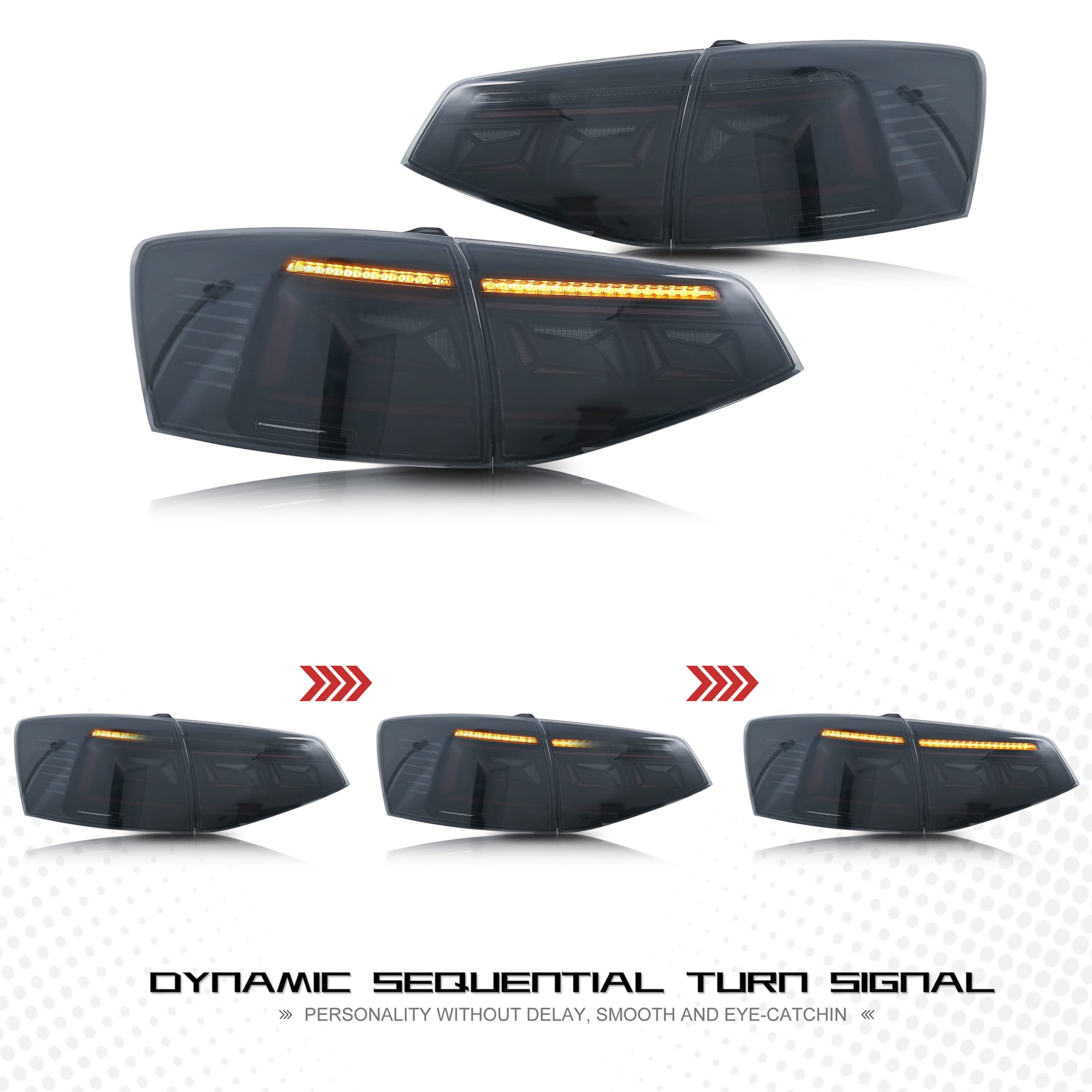 Ingenuity Time LED Tail Lights for Volkswagen Jetta 2015-2018 - Smoked Rear Lamp Assembly with Startup Animation & Sequential Turn Signals - Perfect for Night Driving and Custom Car Upgrades