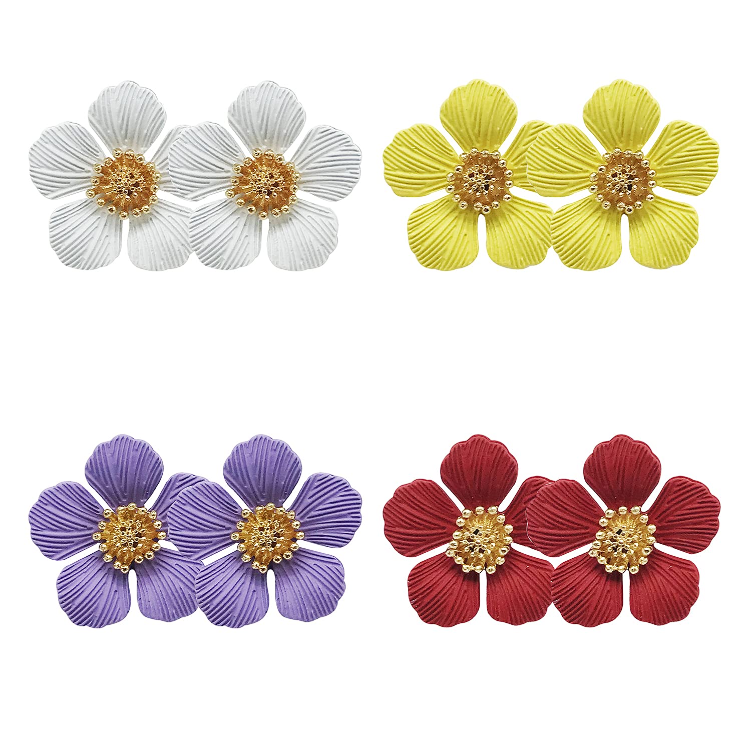 Boho Flower Stud Earrings for Women - 4 Pcs Gold Daisy Drop Earrings with Double Metal Flowers | Trendy Dangle Earrings for Girls, Party, Wedding & Everyday Wear