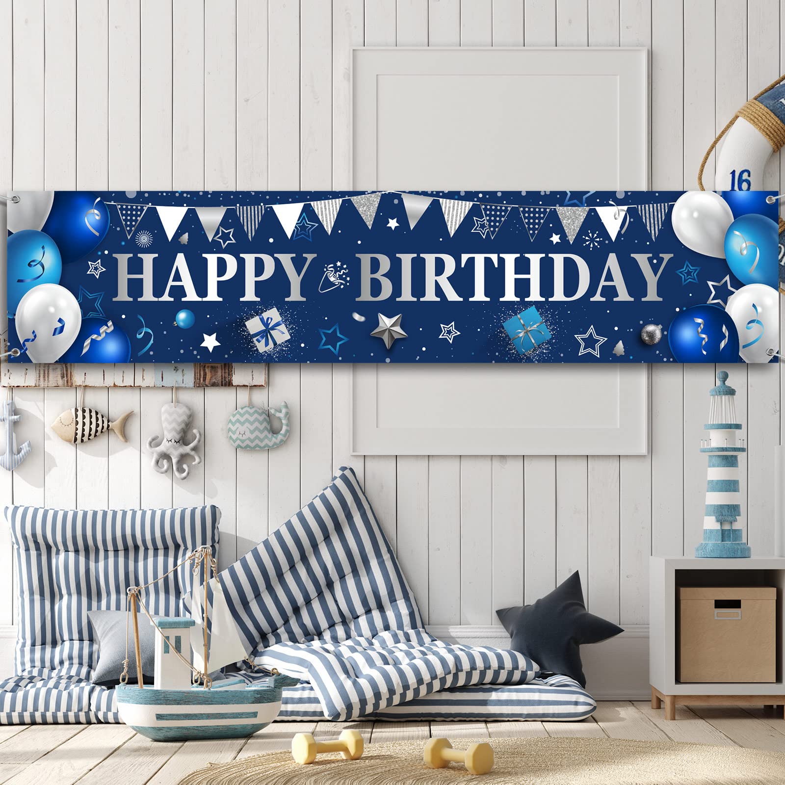 Happy Birthday Yard Banner - Large Outdoor & Indoor Party Decor for Men & Women - Blue & Silver Backdrop for Birthday Celebrations, Events & Photo Booths