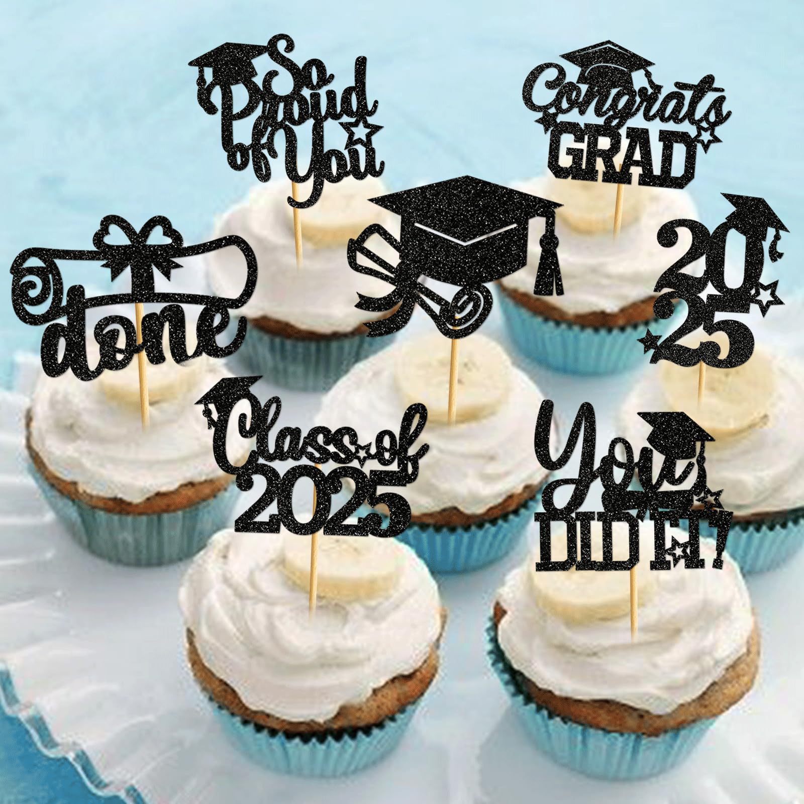 2025 Graduation Cupcake Toppers - 40Pcs Black Glitter Class of 2025 Cupcake Picks - Perfect for Graduation Party Decorations, School Celebrations & Dessert Table Displays