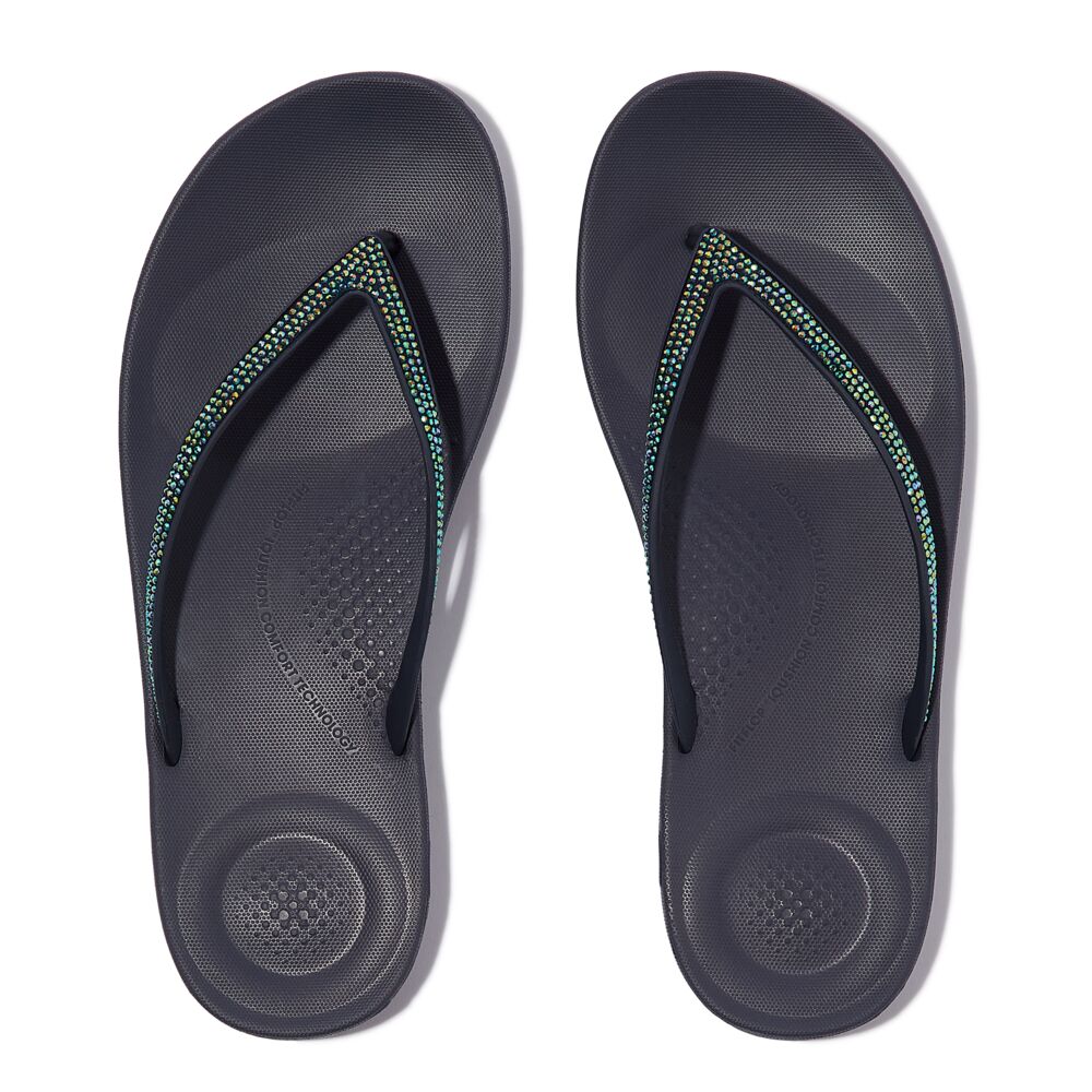 FitFlop Iqushion Sparkle Flip Flops Sandals for Women - Comfortable & Stylish Slip-On Shoes with Cushioning Support | Perfect for Beach, Pool, and Summer Outfits (Midnight Navy)