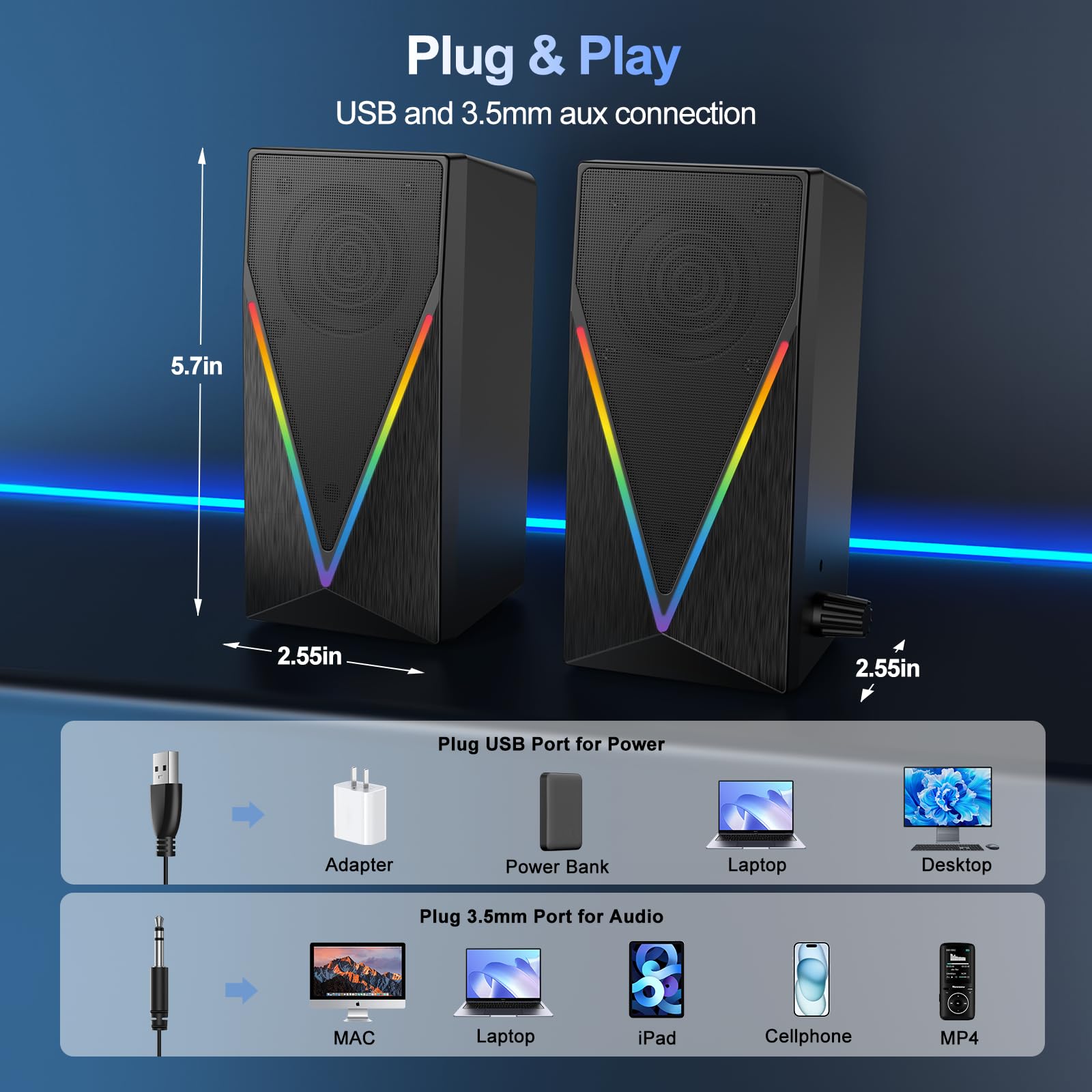 Computer Speakers with RGB Lights - USB Powered Desktop Speakers for PC, Laptop, Monitor | Enhanced Bass, Volume Control & Headphone Jack | Gaming & Music Setup for Home Office, Streaming & Entertainment