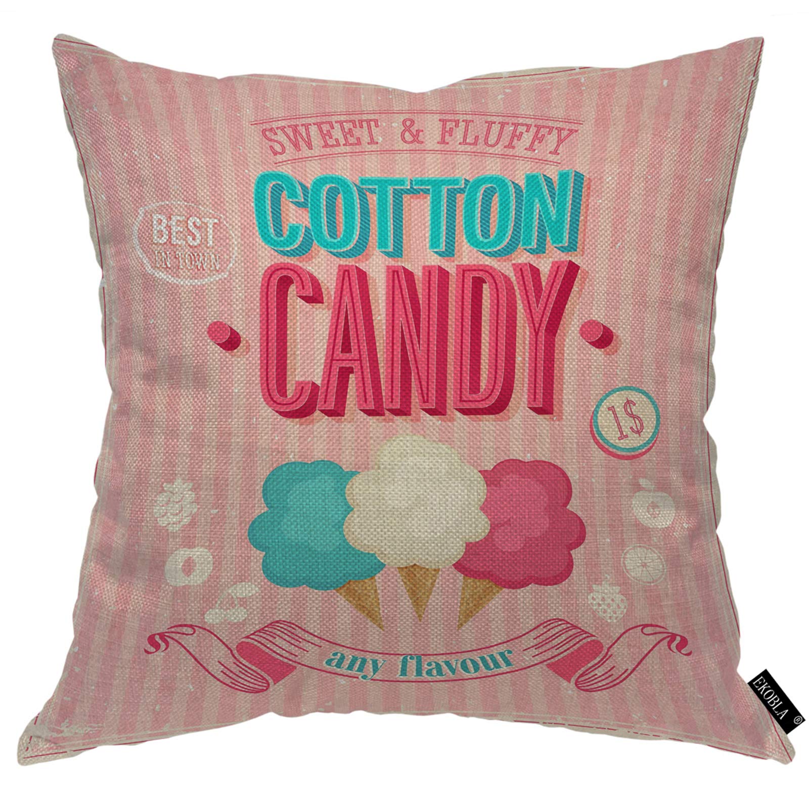 EKOBLA 18x18 Inch Cotton Candy Throw Pillow Cover - Sweet Ice Cream Design, Funny Best in Town Dessert Print, Soft Pink Cozy Square Cushion Case for Bedroom, Living Room, Sofa - Home Decor Gift for Men, Women, Boys & Girls (Cotton Linen Blend)