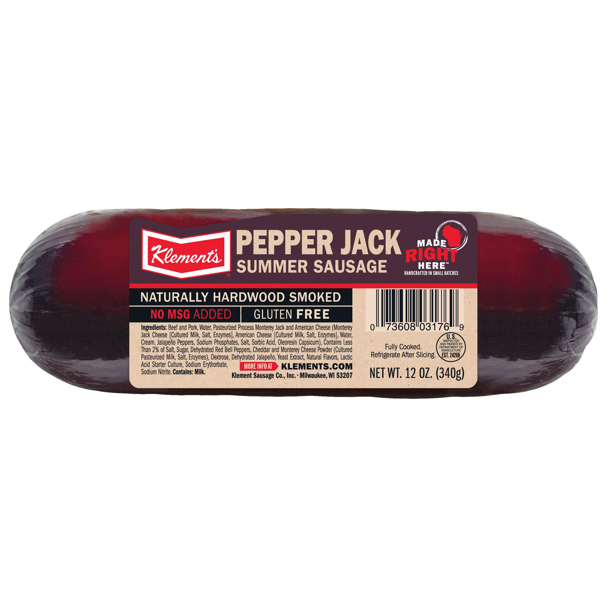 Klements Summer Sausage - 12 oz Pepper Jack Flavor | Premium Beef Snack for Camping, Hiking & Charcuterie Boards