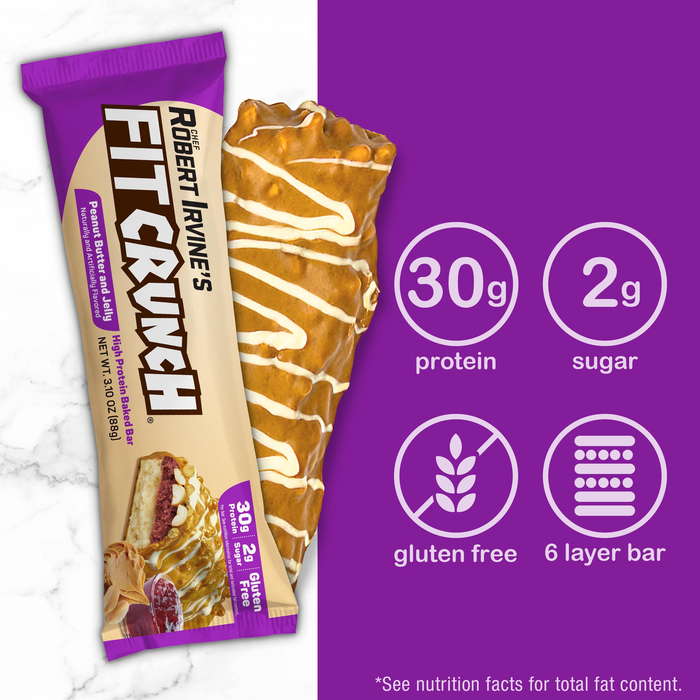 FITCRUNCH Protein Bars - 6-Layer Baked Protein Snack, Low Sugar (2g), Gluten Free, Soft Cake Core - Peanut Butter & Jelly Flavor (12 Bars) - Perfect for Post-Workout Recovery, Healthy On-the-Go Snacking & Weight Management