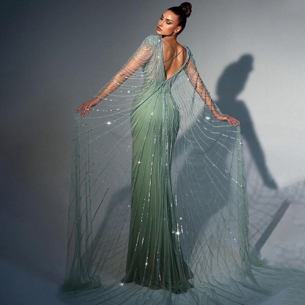 Serene Hill Turquoise Beaded Mermaid Evening Dress with Cape Sleeves - Women's Luxury High Split Wedding Party Gown LA72089 | Perfect for Galas, Red Carpet Events & Formal Occasions